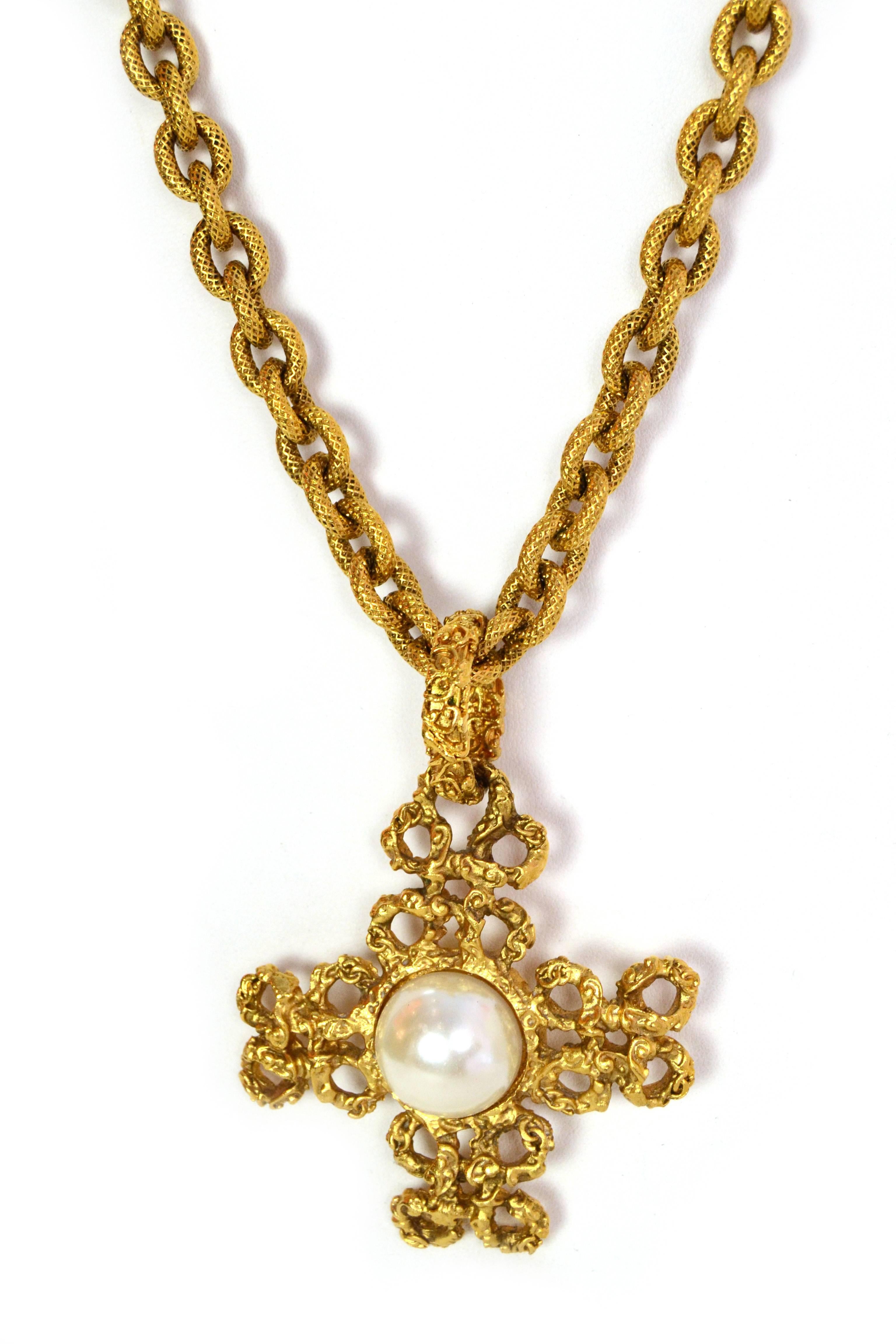 Chanel Filigree Necklace with Faul Pearl Cross Pendant In Excellent Condition In New York, NY