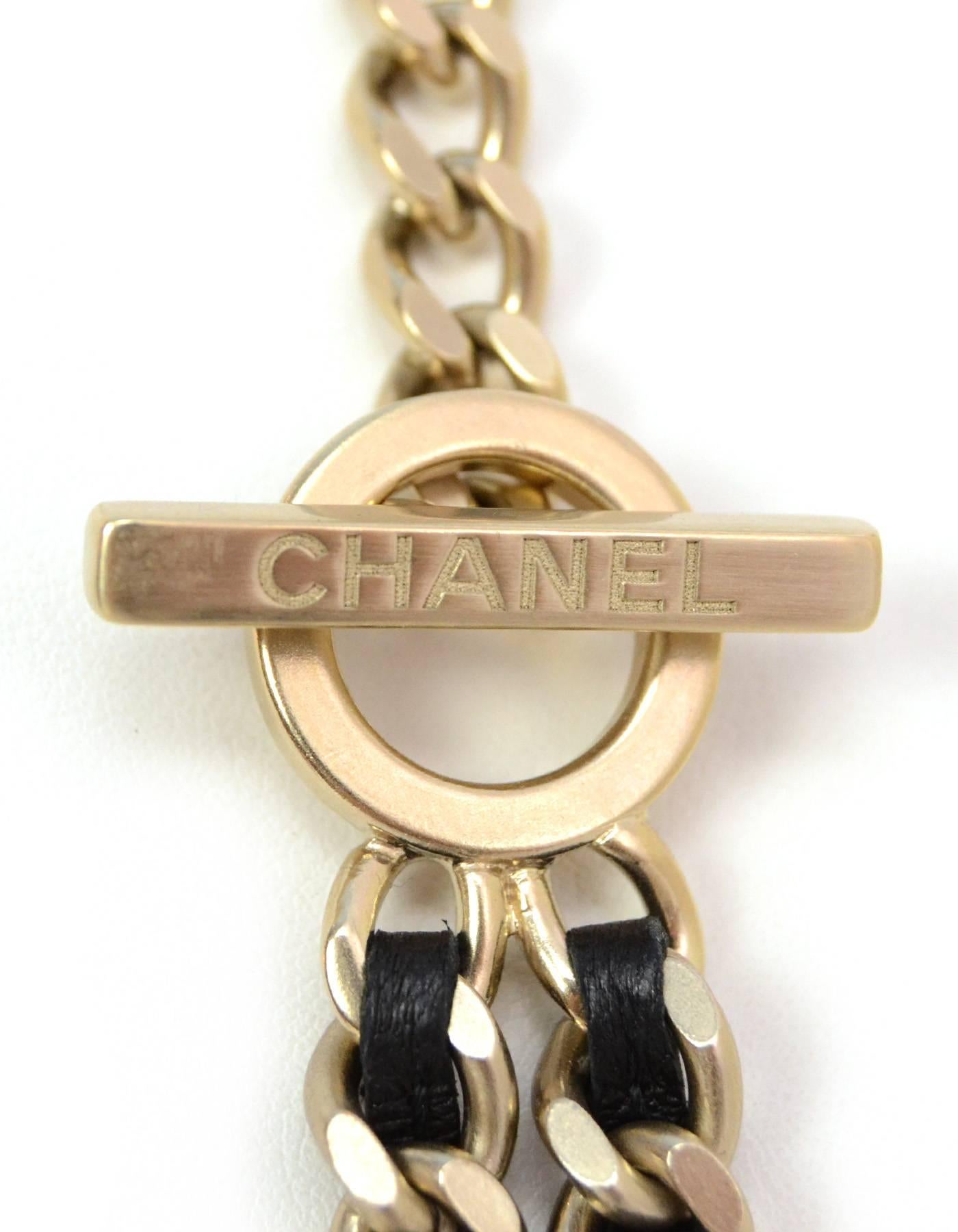 Chanel 2016 Goldtone and Black Leather Chain-Link Necklace In Excellent Condition In New York, NY