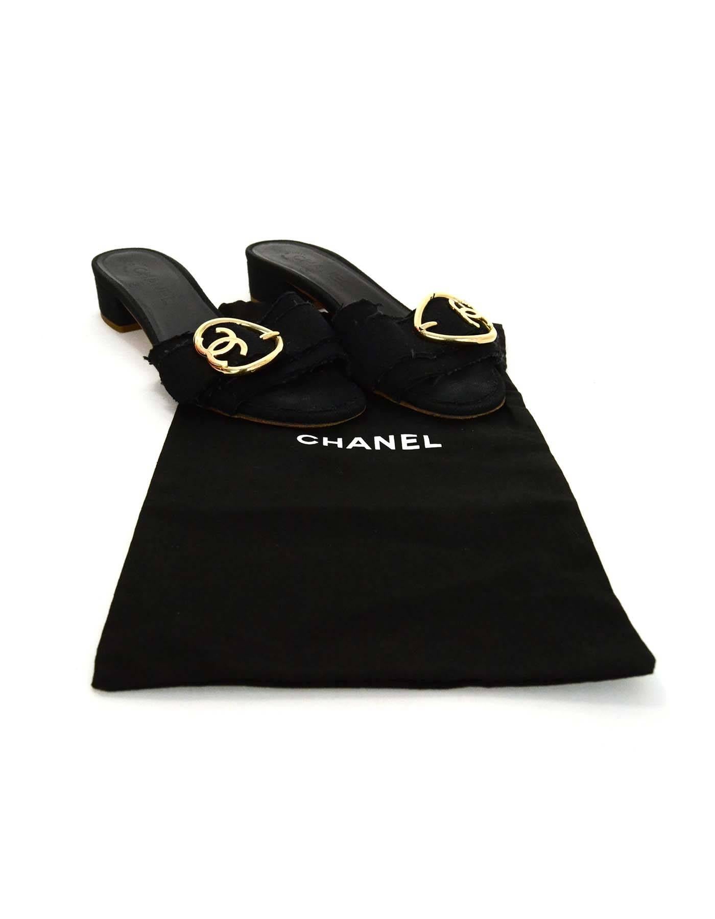 Chanel Black Linen Heart CC Buckle Mules Sz 38.5 4