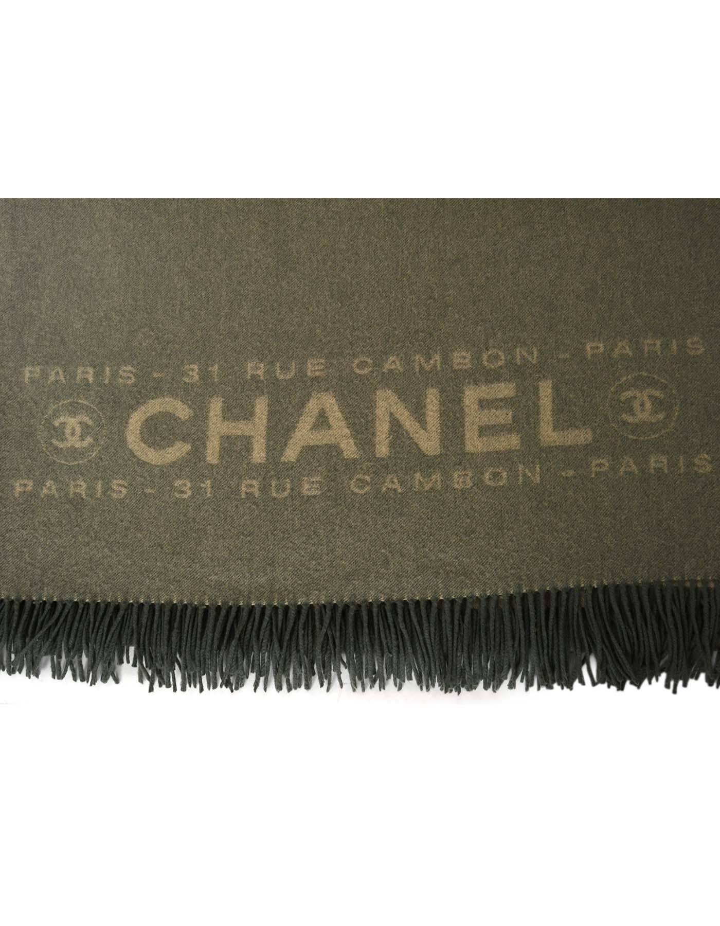 Chanel Green and Tan Cashmere Fringe Trim Throw Blanket/ Shawl In Excellent Condition In New York, NY