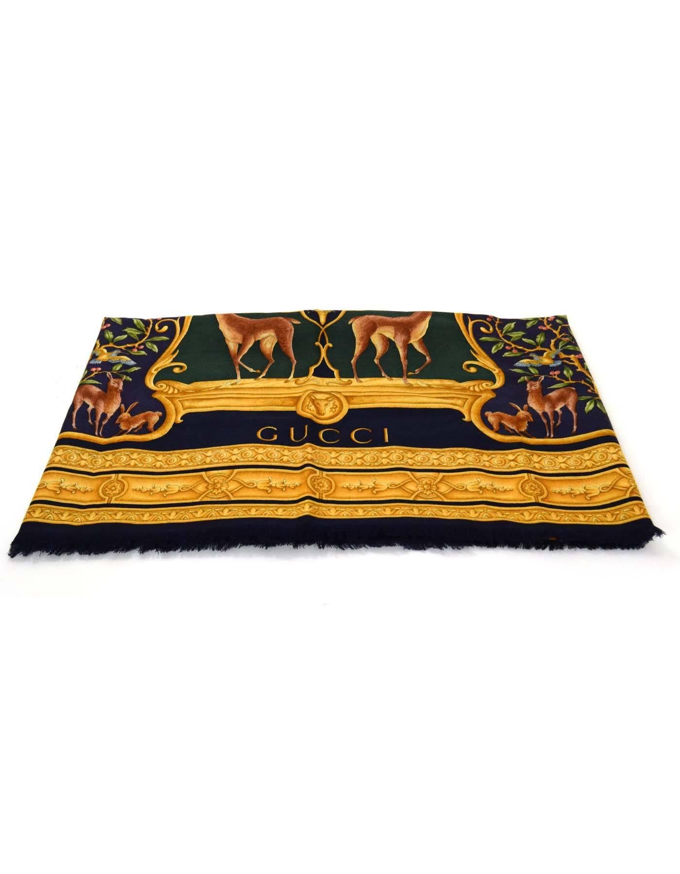 100% Authentic Gucci Divine Diana Wool and Silk Shawl features female goddess surrounded by animals and nature. This beautiful vintage piece can be worn as a shawl, scarf, or even as a wrap. Fringe trim adds an extra touch of intricacy.

       