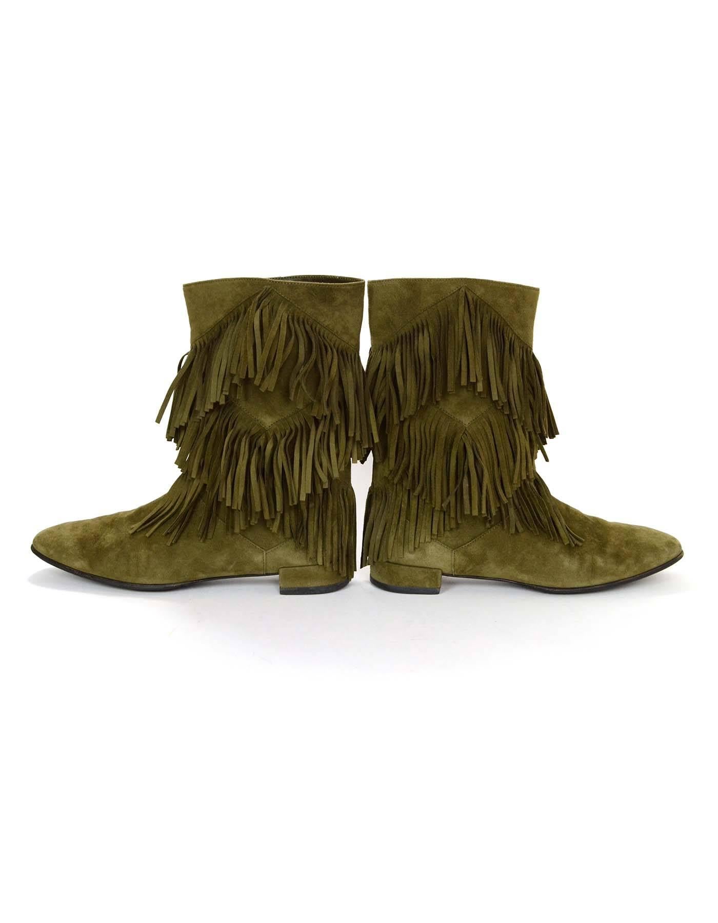 Women's Roger Vivier Olive Green Suede Prismick Fringe Boots Sz 36.5