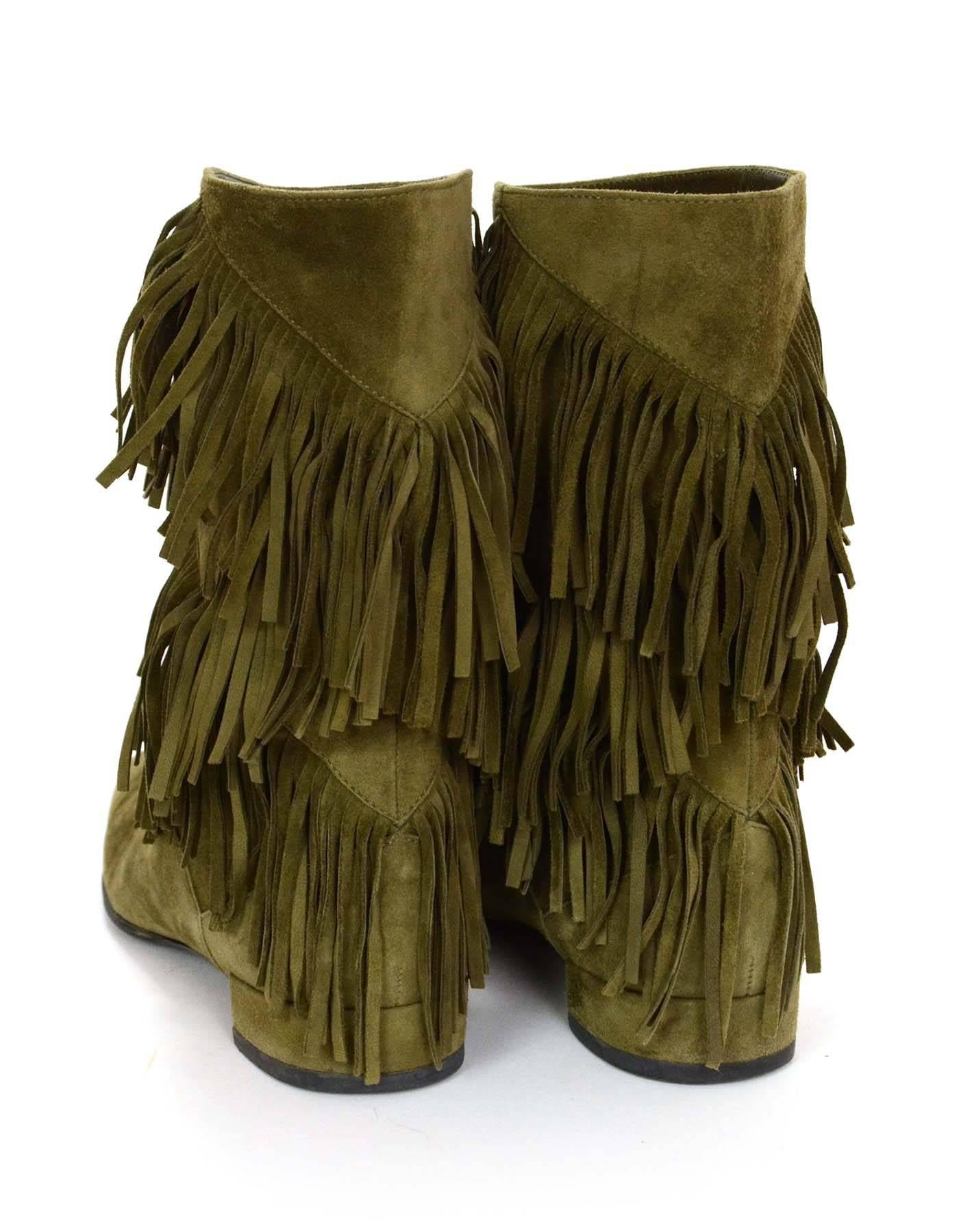 Roger Vivier Olive Green Suede Prismick Fringe Boots Sz 36.5 In Excellent Condition In New York, NY