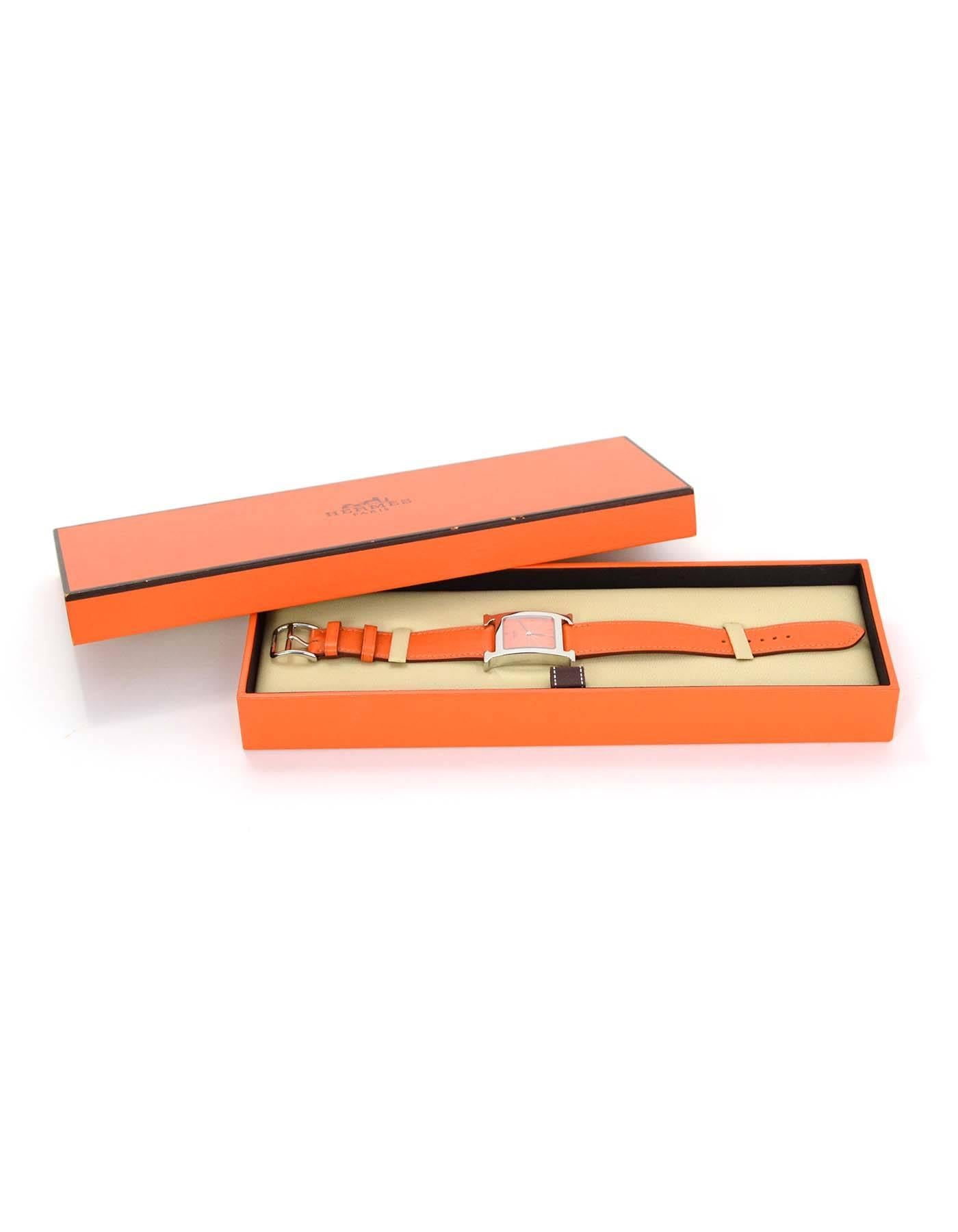 Hermes Orange Leather and Stainless H Heure Hour MM Watch rt. $2, 725 3