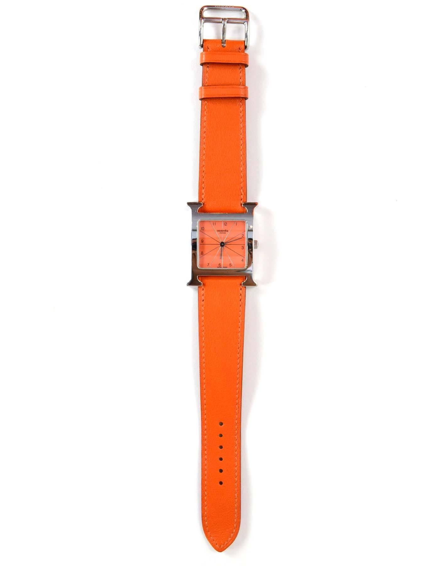 Hermes Orange Leather and Stainless H Heure Hour MM Watch rt. $2, 725 In Excellent Condition In New York, NY