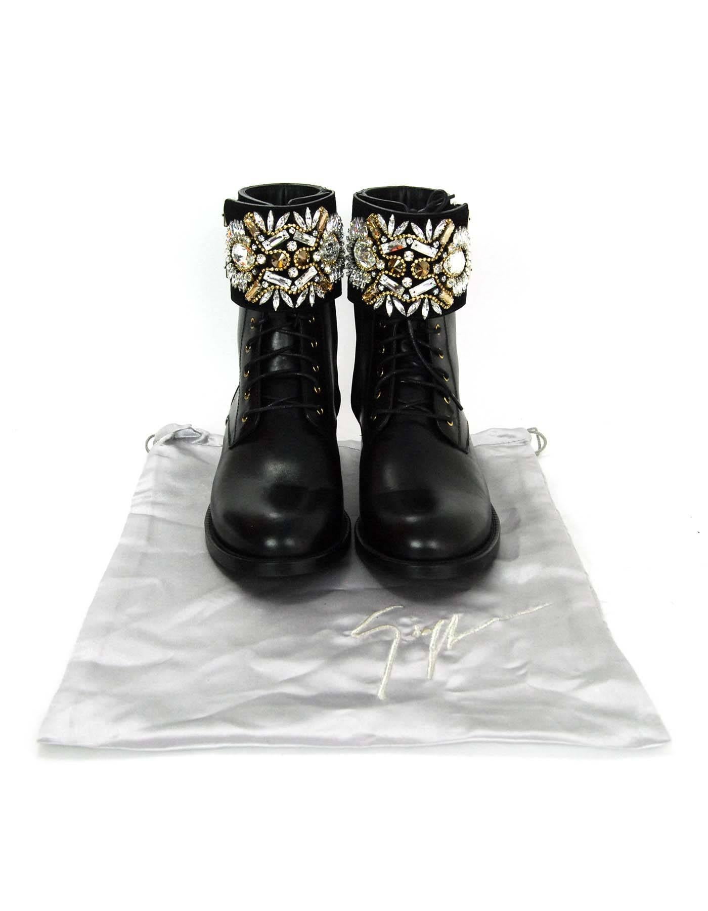 Rene Caovilla Black Leather and Jeweled Combat Boots Sz 38 1