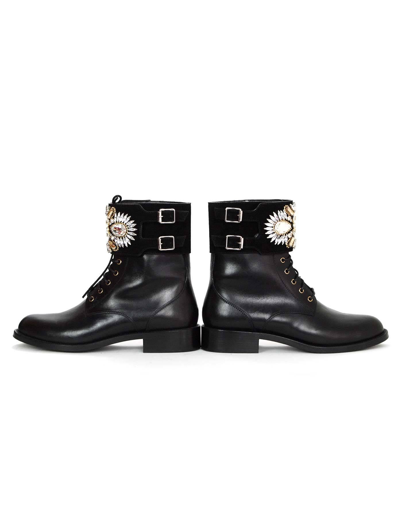 Rene Caovilla Black Leather and Jeweled Combat Boots Sz 38 In Excellent Condition In New York, NY