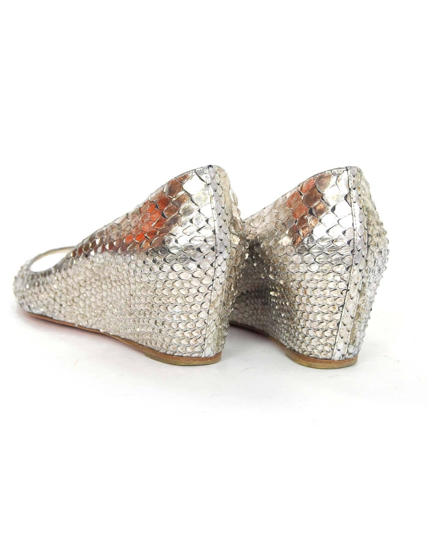 Women's Christian Louboutin Silver Python Open-Toe Wedges Sz 40.5