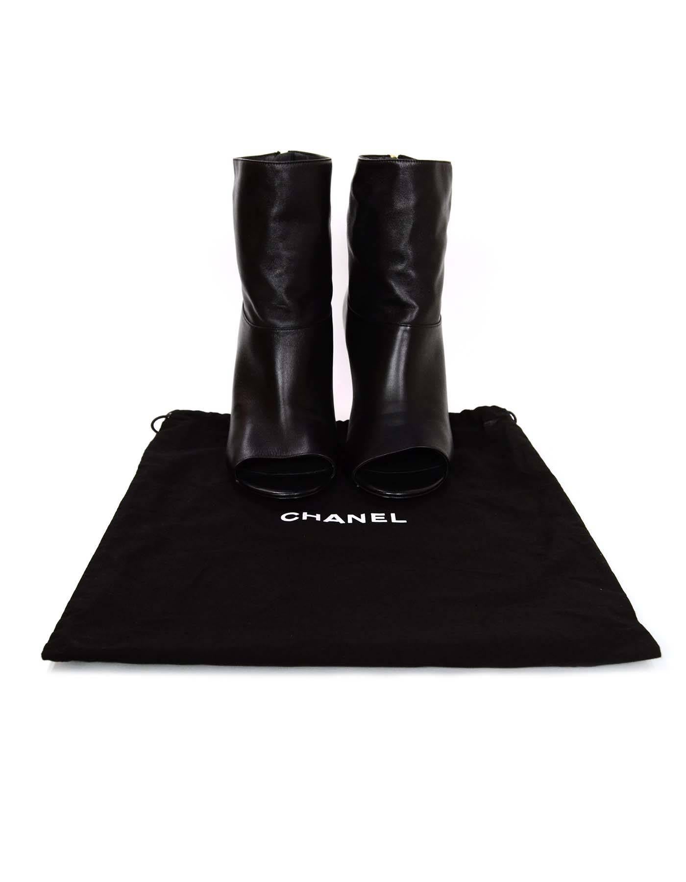 Chanel Black Leather Open-Toe Ankle Boots w/ Pearl Heel Sz 36.5 NEW 2