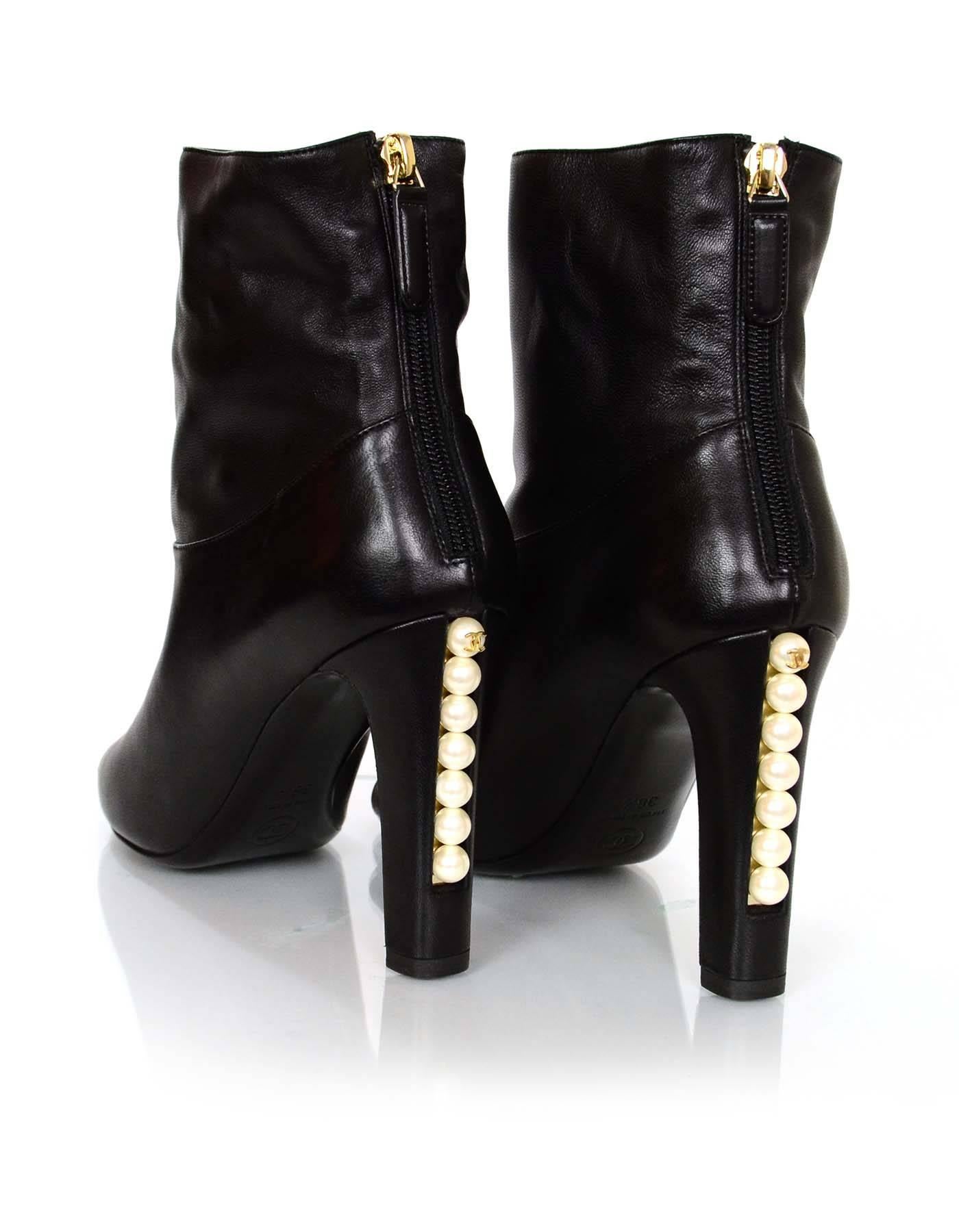 Women's Chanel Black Leather Open-Toe Ankle Boots w/ Pearl Heel Sz 36.5 NEW