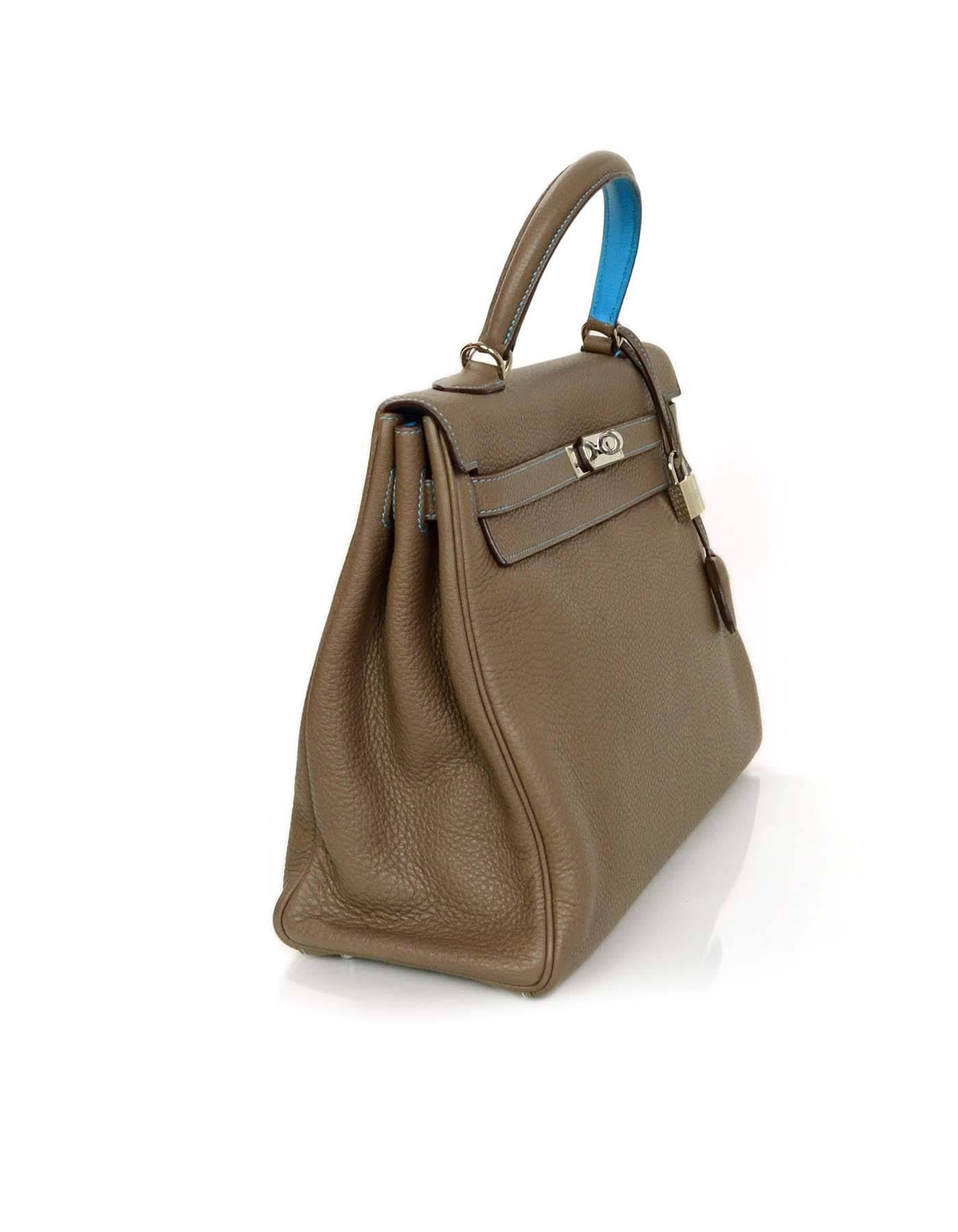 100% Authentic Hermes Etoupe & Blue Aztec Togo 35cm Kelly Bag.  This bag was part of the 2010 