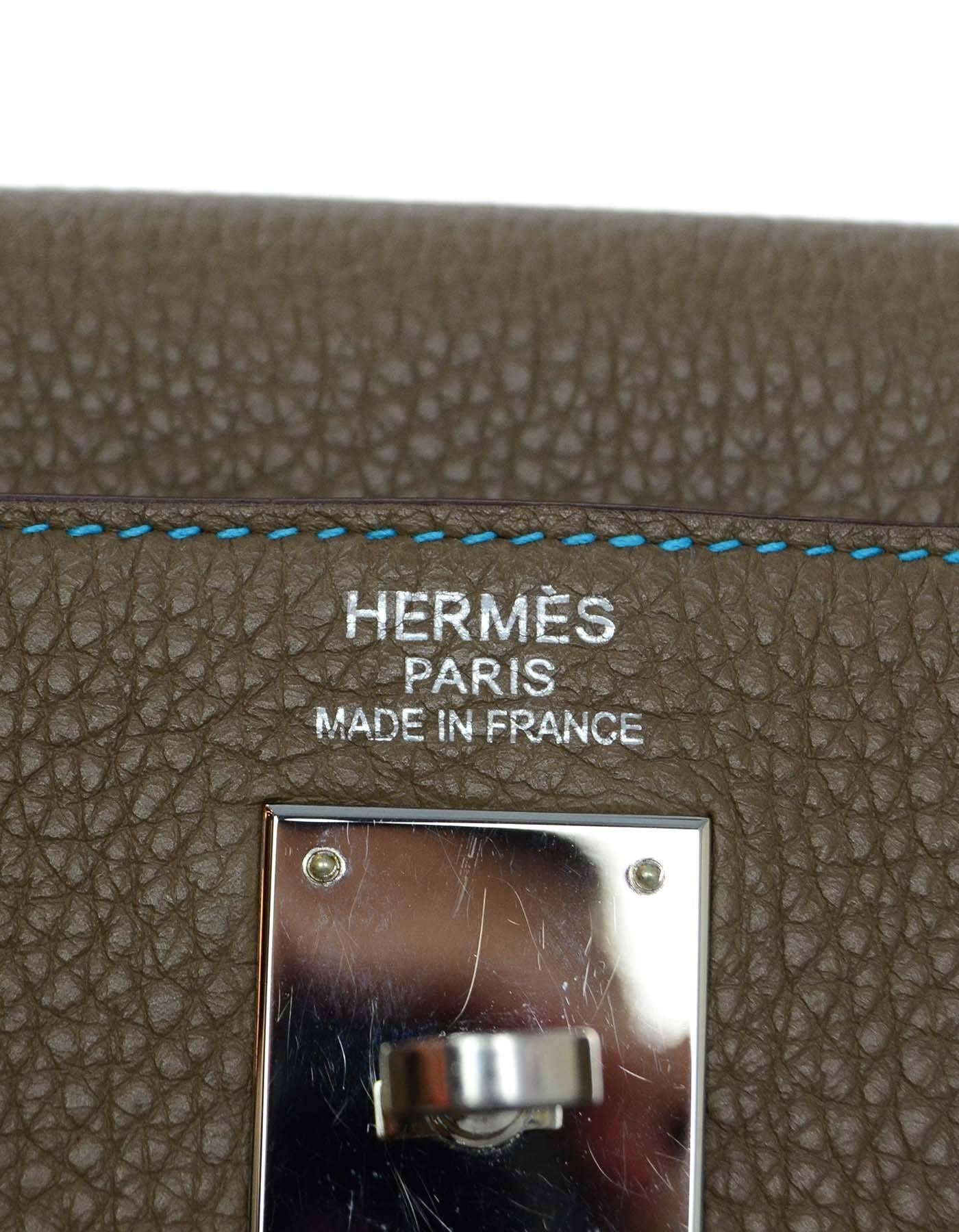 Hermes Rare Etoupe & Blue Aztec Togo 35cm Kelly Flash Bag PHW w/ Box & Dust Bag In Excellent Condition In New York, NY