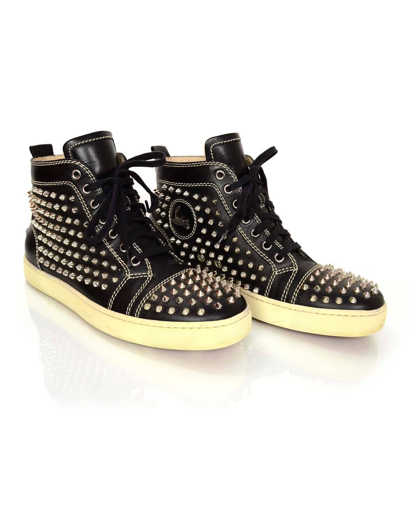 Women's Christian Louboutin Black Leather Louis Spike High-top Studded Sneakers Sz 41