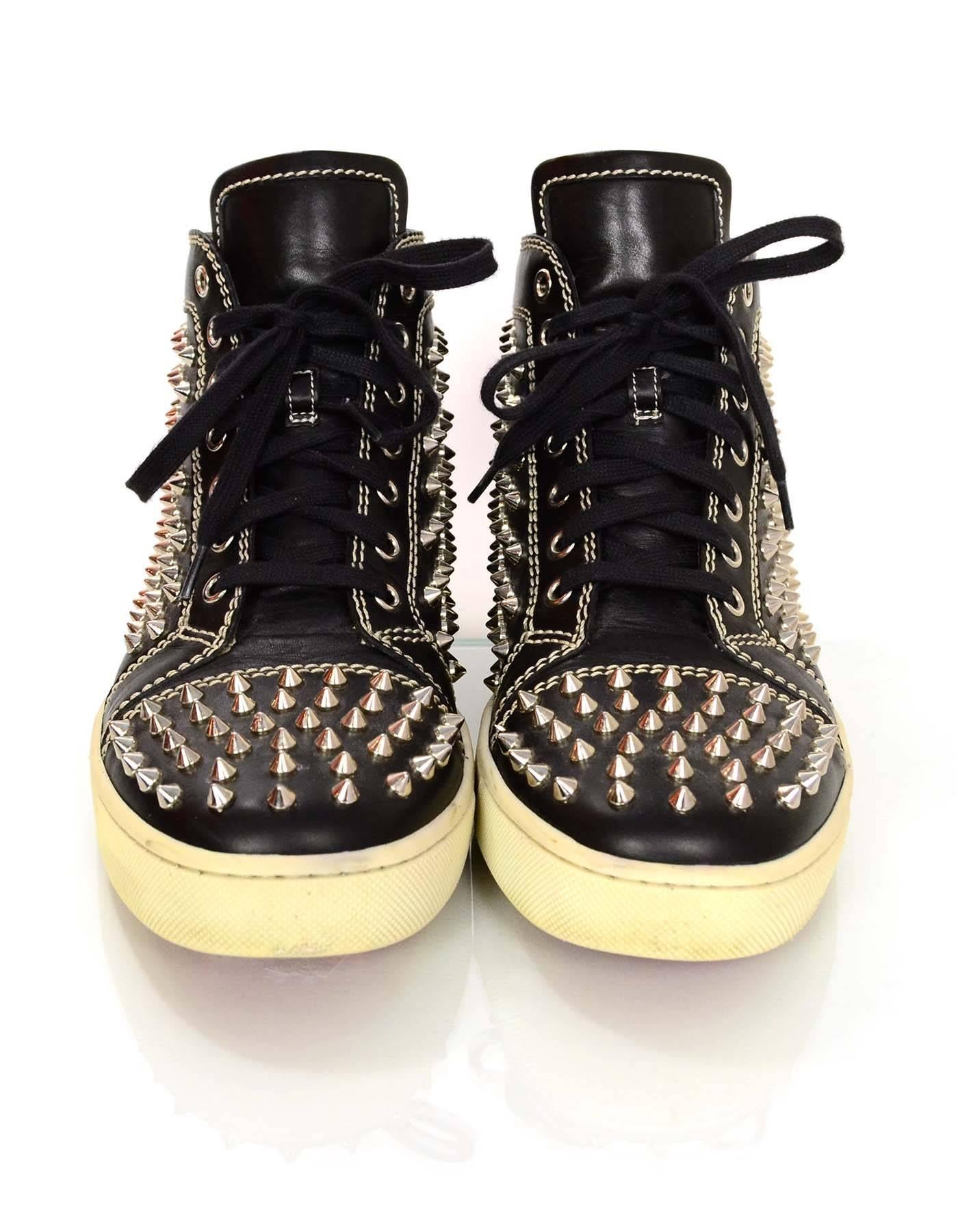 Christian Louboutin Black Leather Louis Spike High-top Studded Sneakers Sz 41 In Excellent Condition In New York, NY