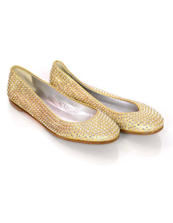 10/3 Giuseppe Zanotti Gold Leather and Crystal Flats Sz 7 For Sale at