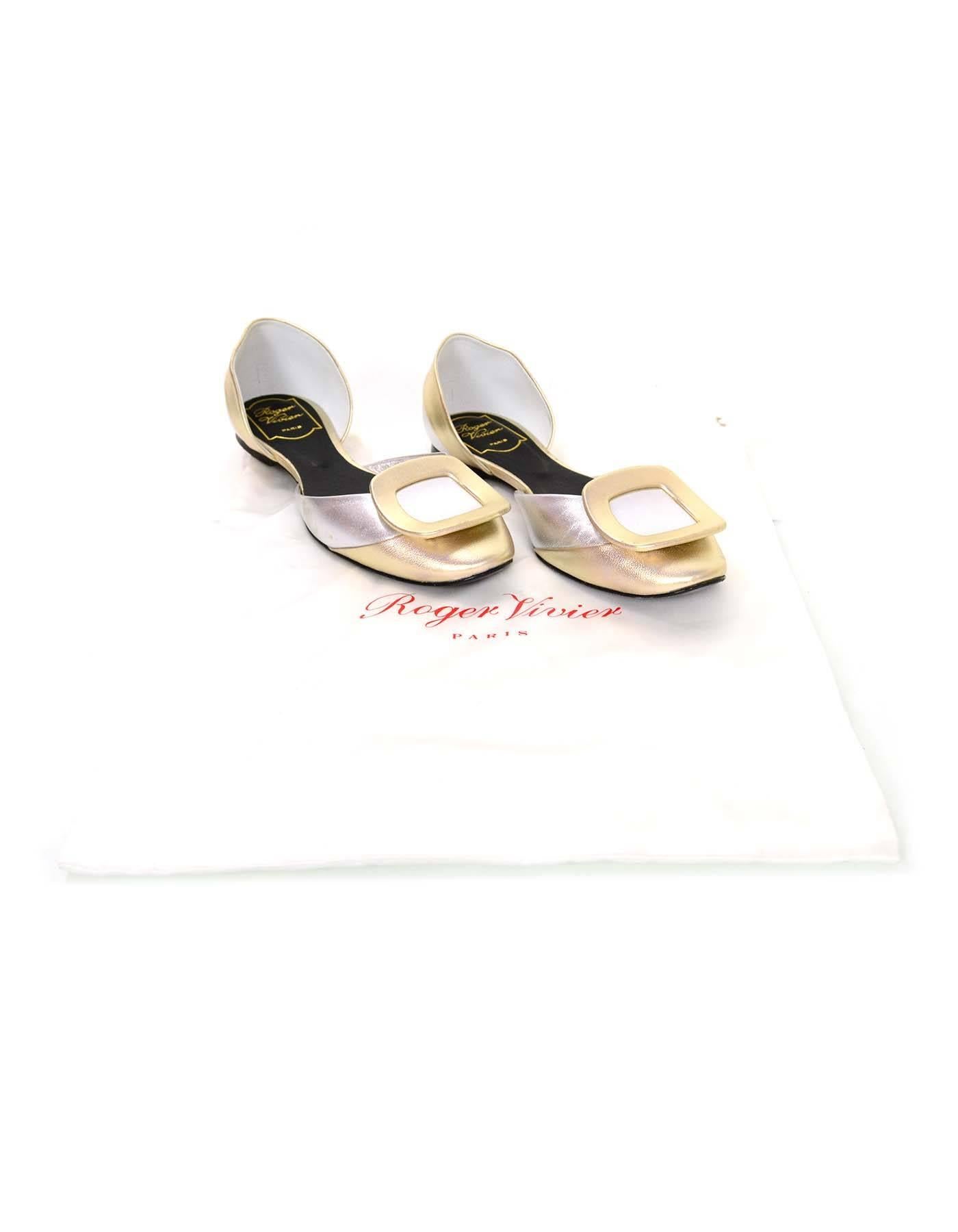 Roger Vivier Gold/Silver Chips Pilgram Leather d'Orsay Flats Sz 37 In Excellent Condition In New York, NY