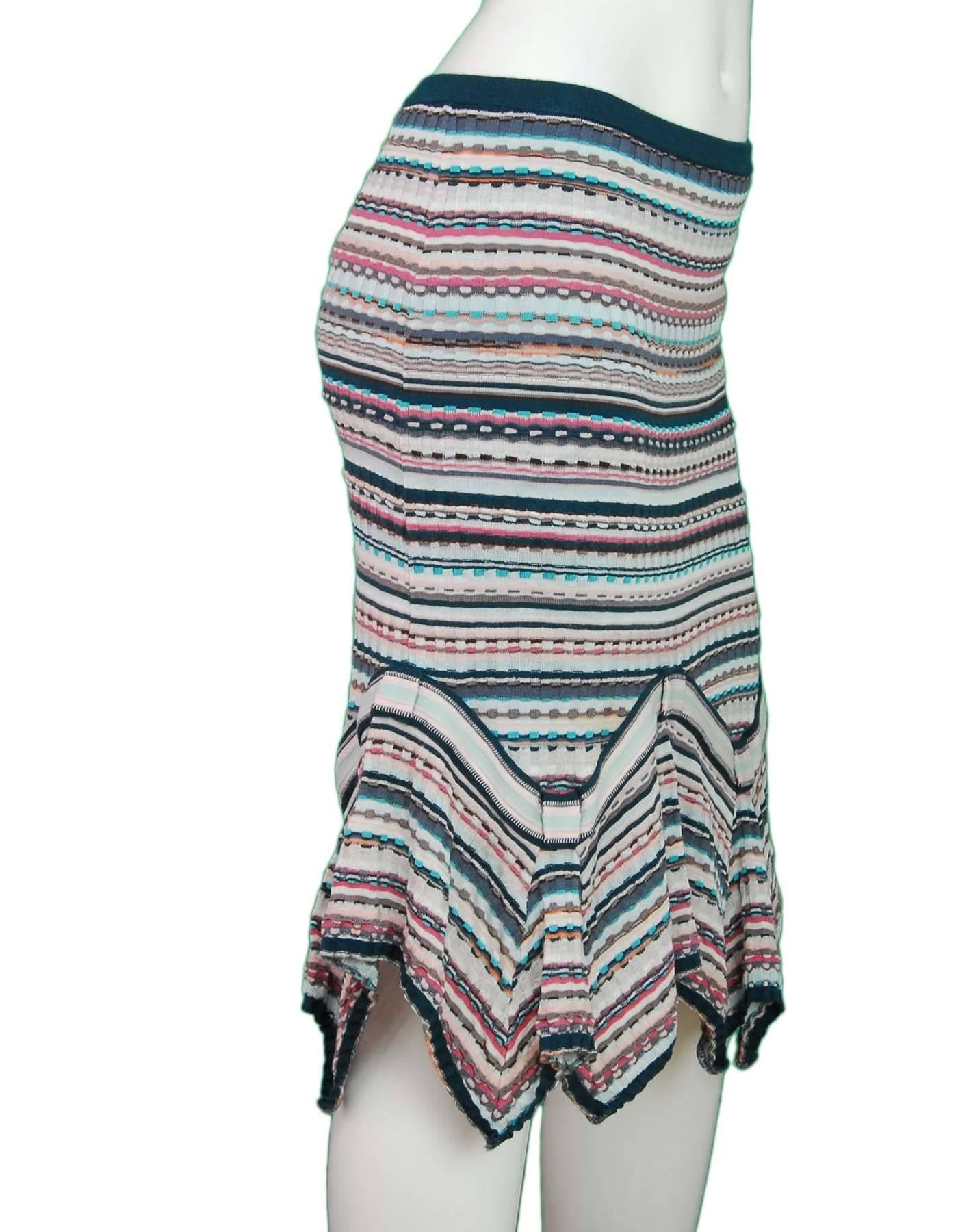 Missoni Multi-Color Skirt Sz 42

Made In: Italy
Color: Blue, pink, brown
Composition: Not listed, feels like cotton blend
Lining: Blue textile
Closure/Opening: Pull up - stretch waistband
Exterior Pockets: None
Interior Pockets: