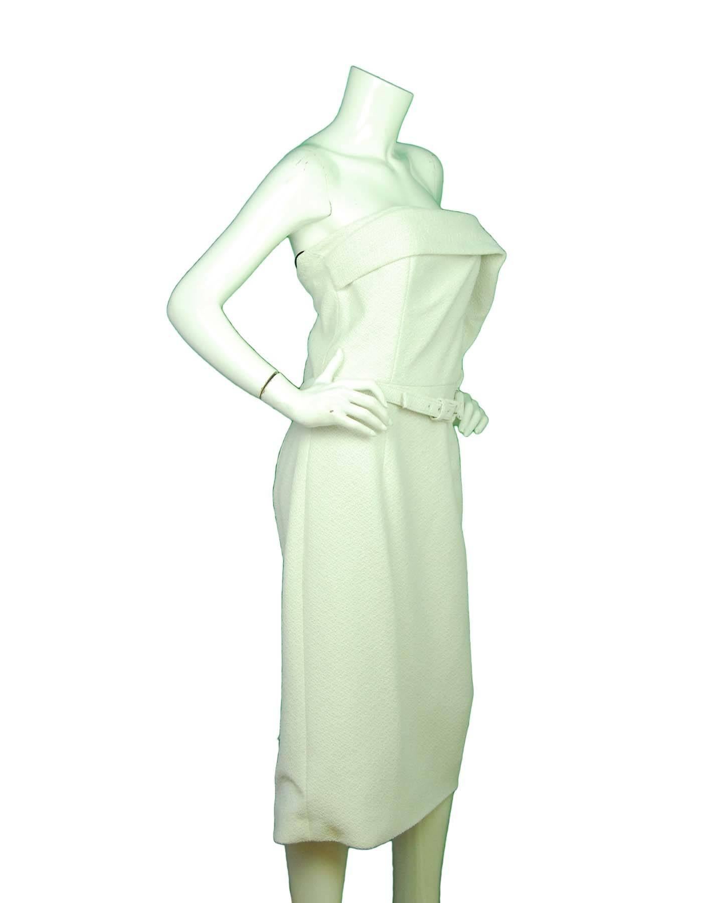 Christian Siriano White Strapless Dress Sz 12
Features asymmetrical neckline ruffle and belt at waist

Made In: USA
Color: White
Composition: 56% viscose, 21% polyester, 17% virgin wool, 6% polyamid
Lining: Black 100%