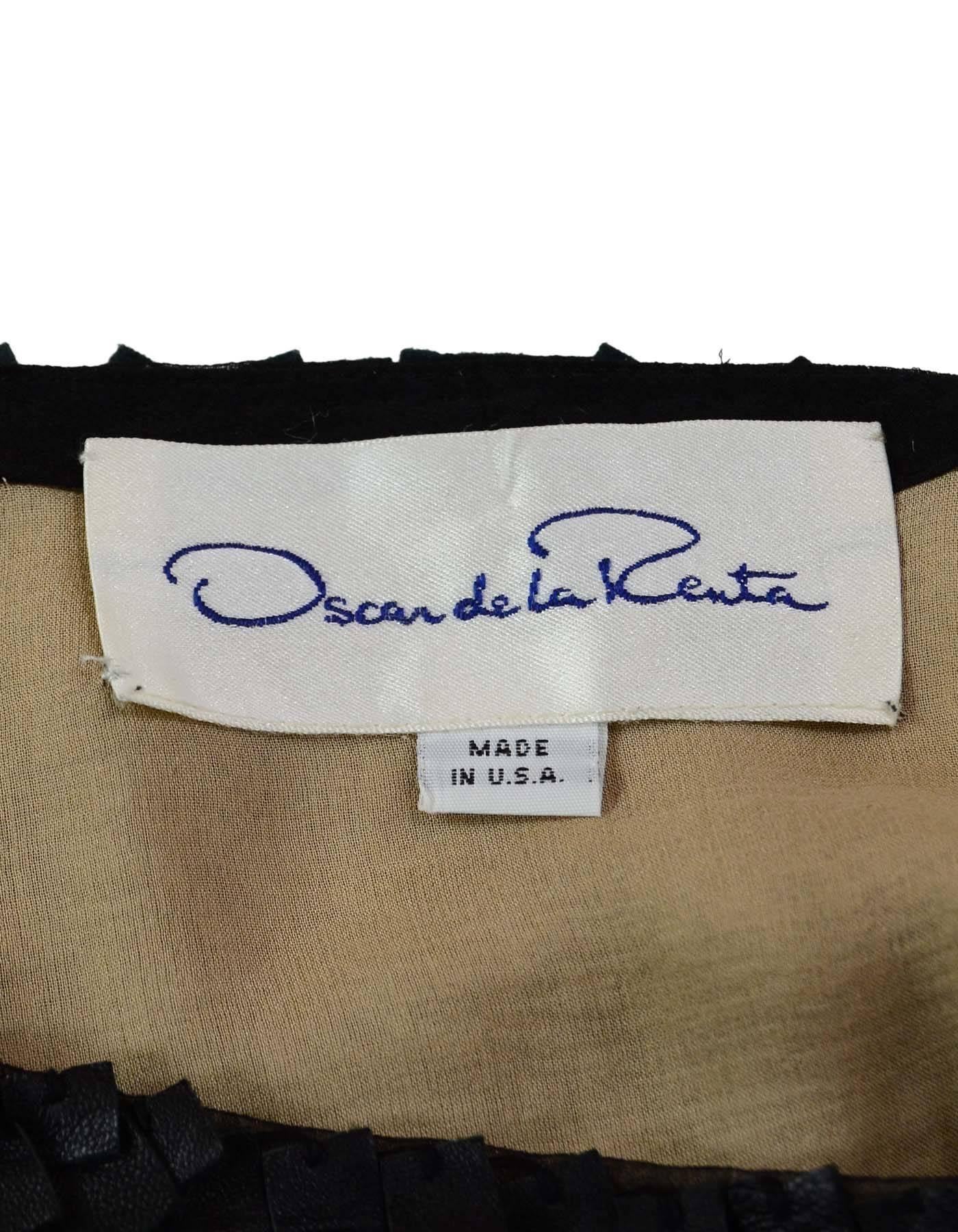 Oscar De La Renta Black Leather Fringe Dress Sz 6  In Excellent Condition In New York, NY