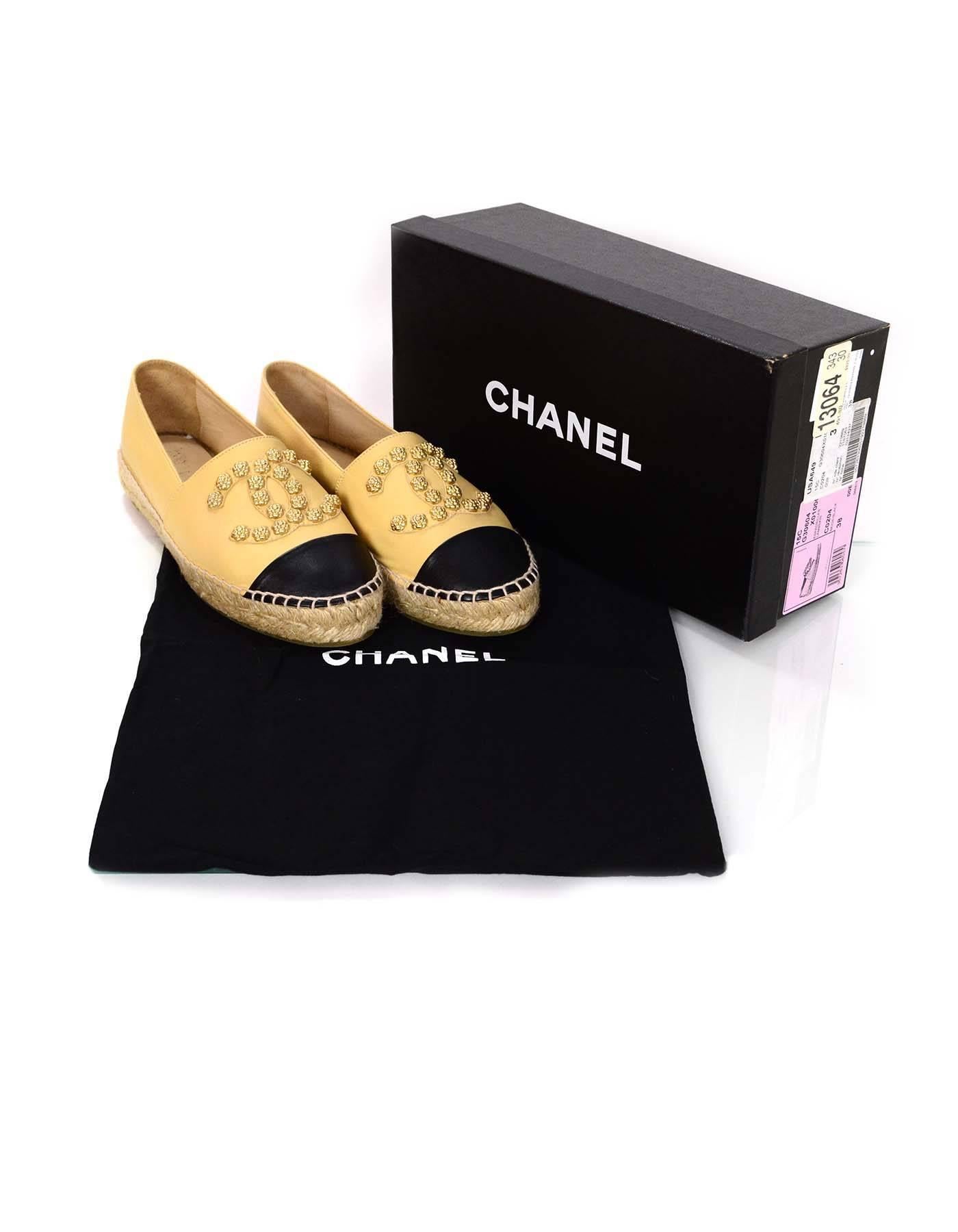 Chanel Nude & Black 2015 Studded Camelia CC Espadrilles sz 38 In Excellent Condition In New York, NY