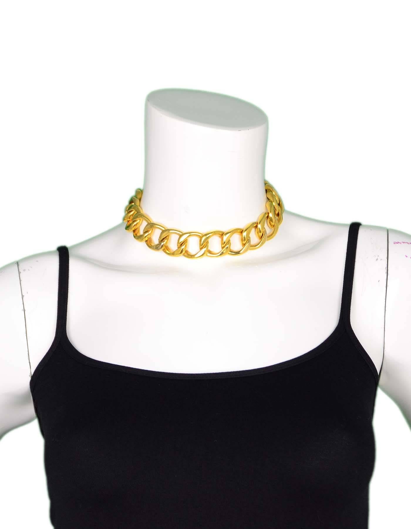 Chanel Vintage Gold-tone Chain-Link Necklace

Year of Production: 1960's
Color: Gold-tone
Materials: Metal
Closure: Hook and eye
Stamp: Chanel
Overall Condition: Very good vintage pre-owned condition, minor tarnish and surface marks