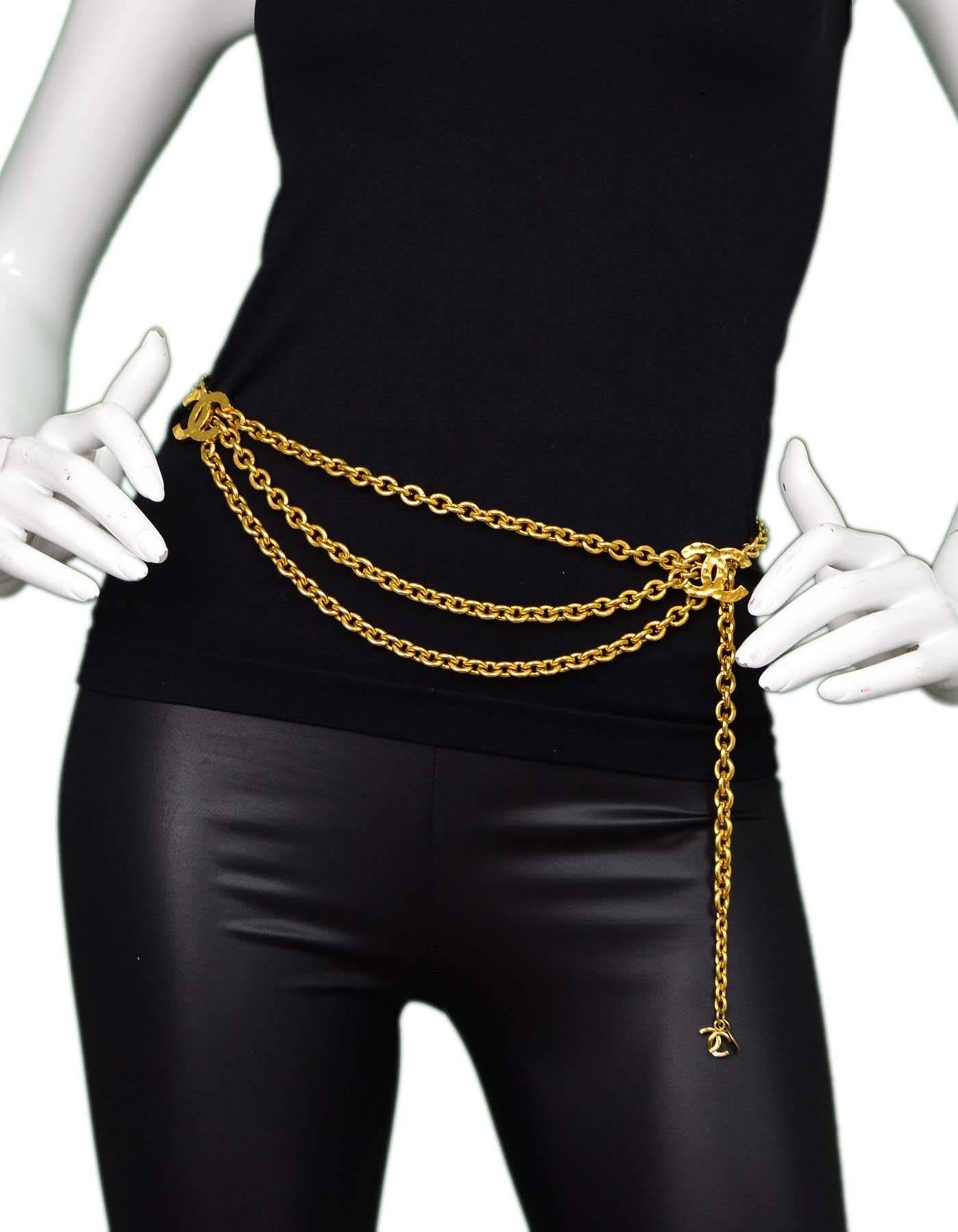Chanel Vintage Gold-Tone Hammered CC Belt
Features hammered CC charms

Made in: France
Year of Production: 1980's
Stamped: Chanel CC Made in France
Color: Goldtone
Materials: Metal
Closure/opening: Hook and eye
Overall Condition: Very good