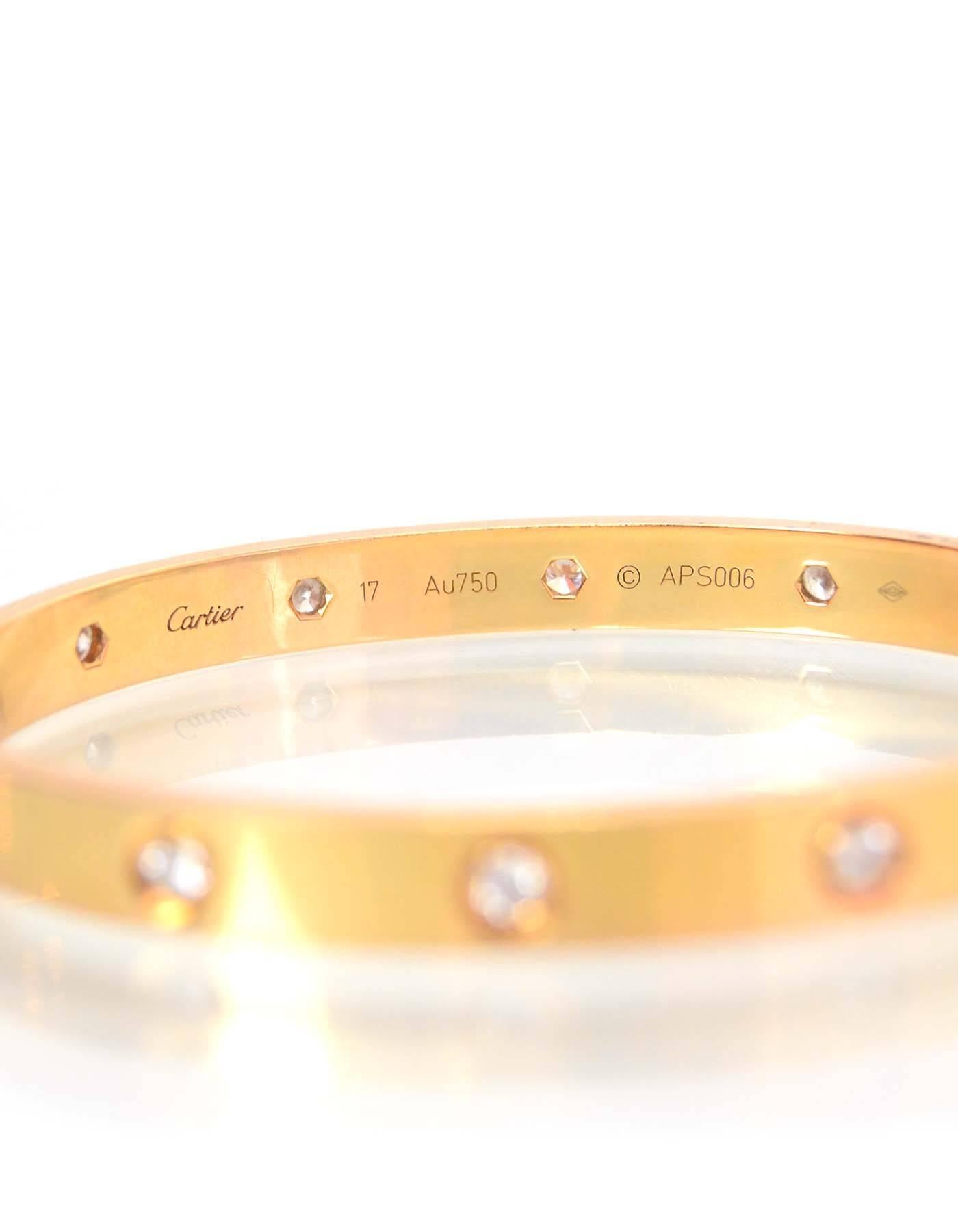 100% Authentic Cartier Pink Gold 10 Diamond LOVE Bracelet sz 17. Cartier's iconic LOVE bracelet is taken to the next level set with 10 brilliant-cut diamonds totaling 0.96 carat. 

Color: Pink (rose)
Materials: 18k pink gold
Closure: Screw closure