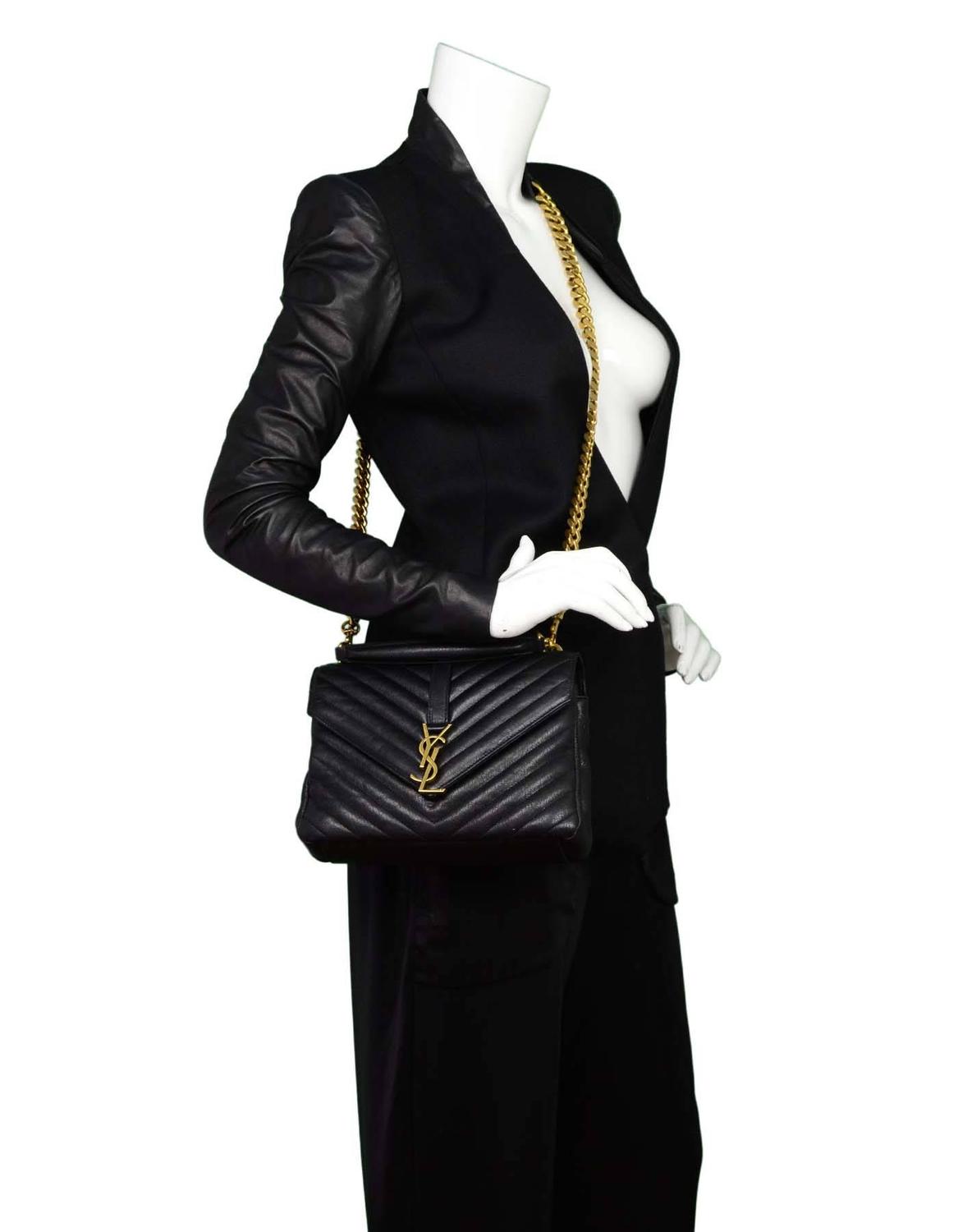 Saint Laurent Black Leather Chevron Medium Monogram College Crossbody