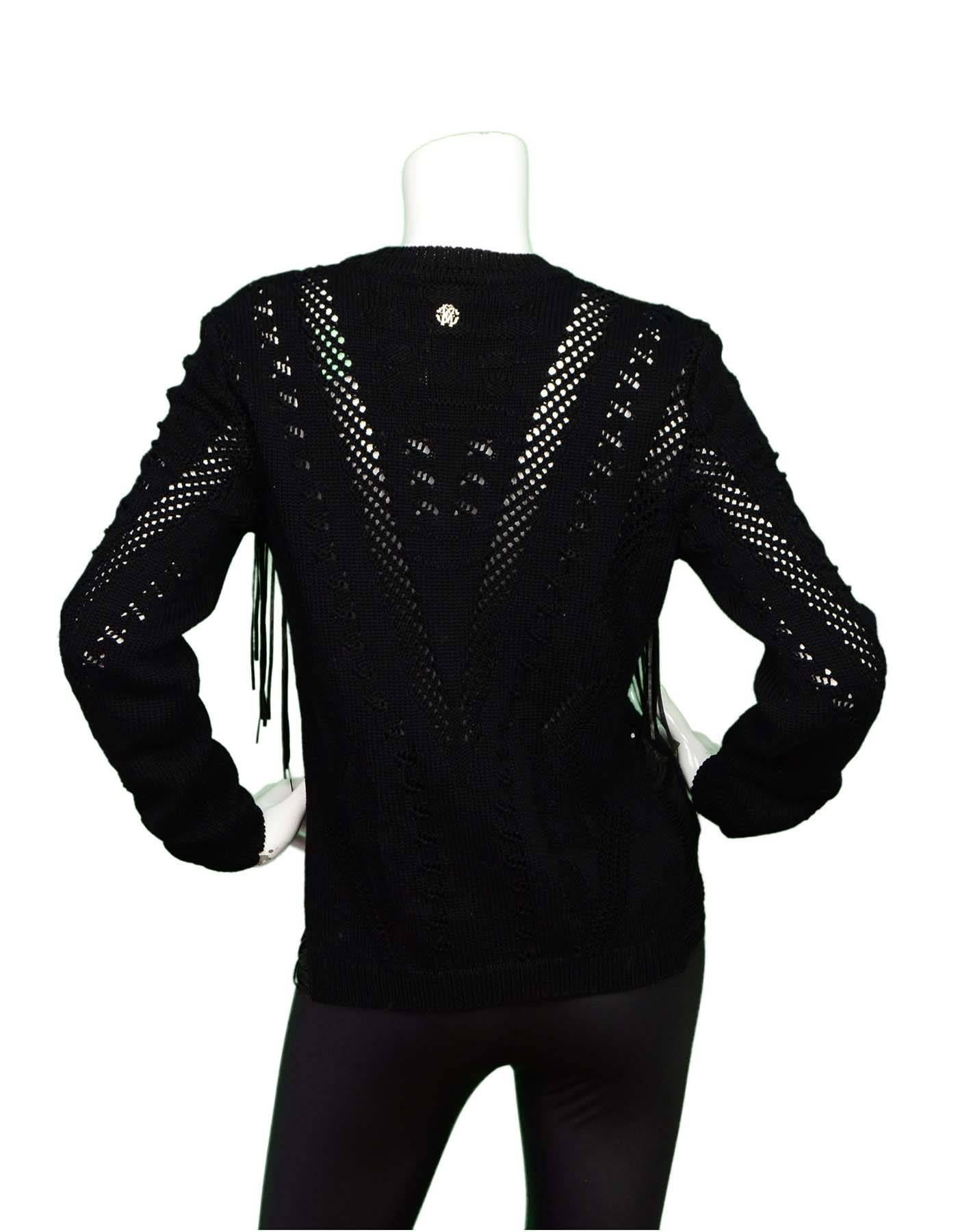 Roberto Cavalli Black Knit Sweater with Leather Fringe Sz 40 rt. $1, 300 In Excellent Condition In New York, NY