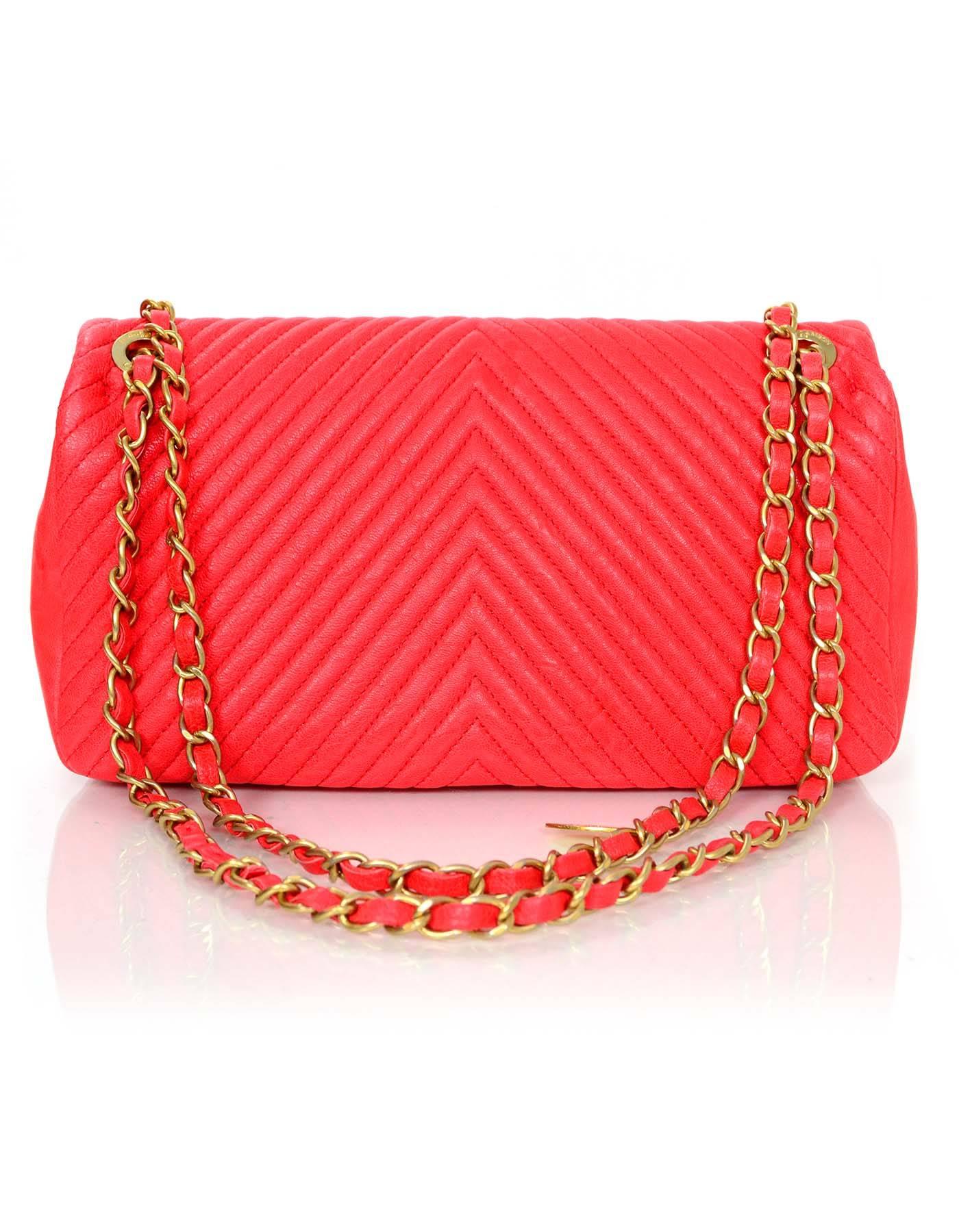 Chanel Coral Wrinkled Chevron Leather Flap Bag In Excellent Condition In New York, NY