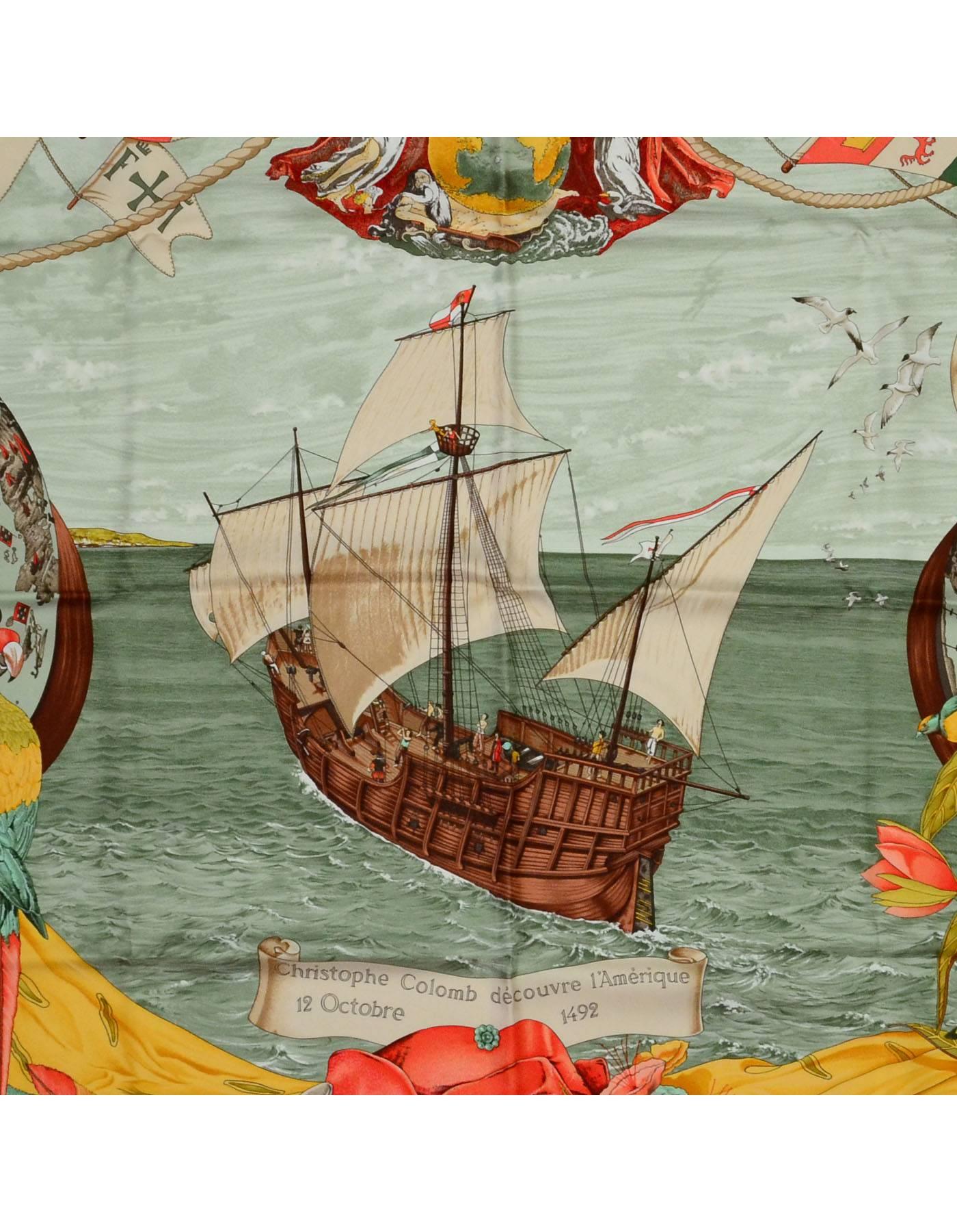Hermes Columbus 90cm Silk Scarf NEW
Features boat motif

Made in: France
Color: Brown, orange
Composition: 100% Silk
Retail: $395 + tax
Overall Condition: Excellent pre-owned condition - NEW
Includes: Hermes box

Measurements:
Length: