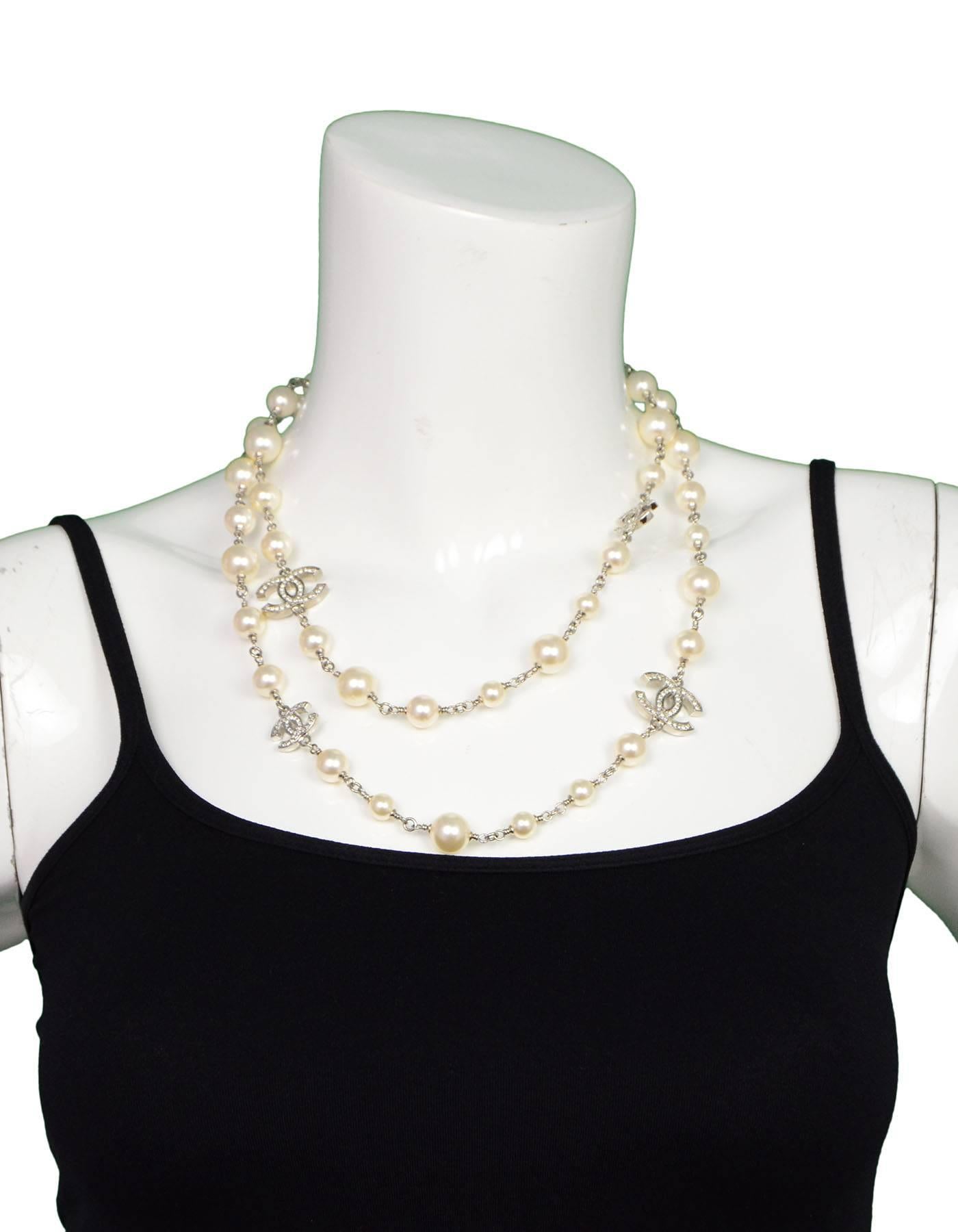 Chanel 2016 Faux Pearl and Crystal CC Long Necklace For Sale at 1stDibs