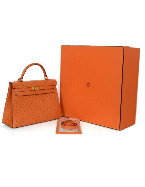 Hermes Orange Ostrich 32cm Sellier Rigid Kelly Bag GHW