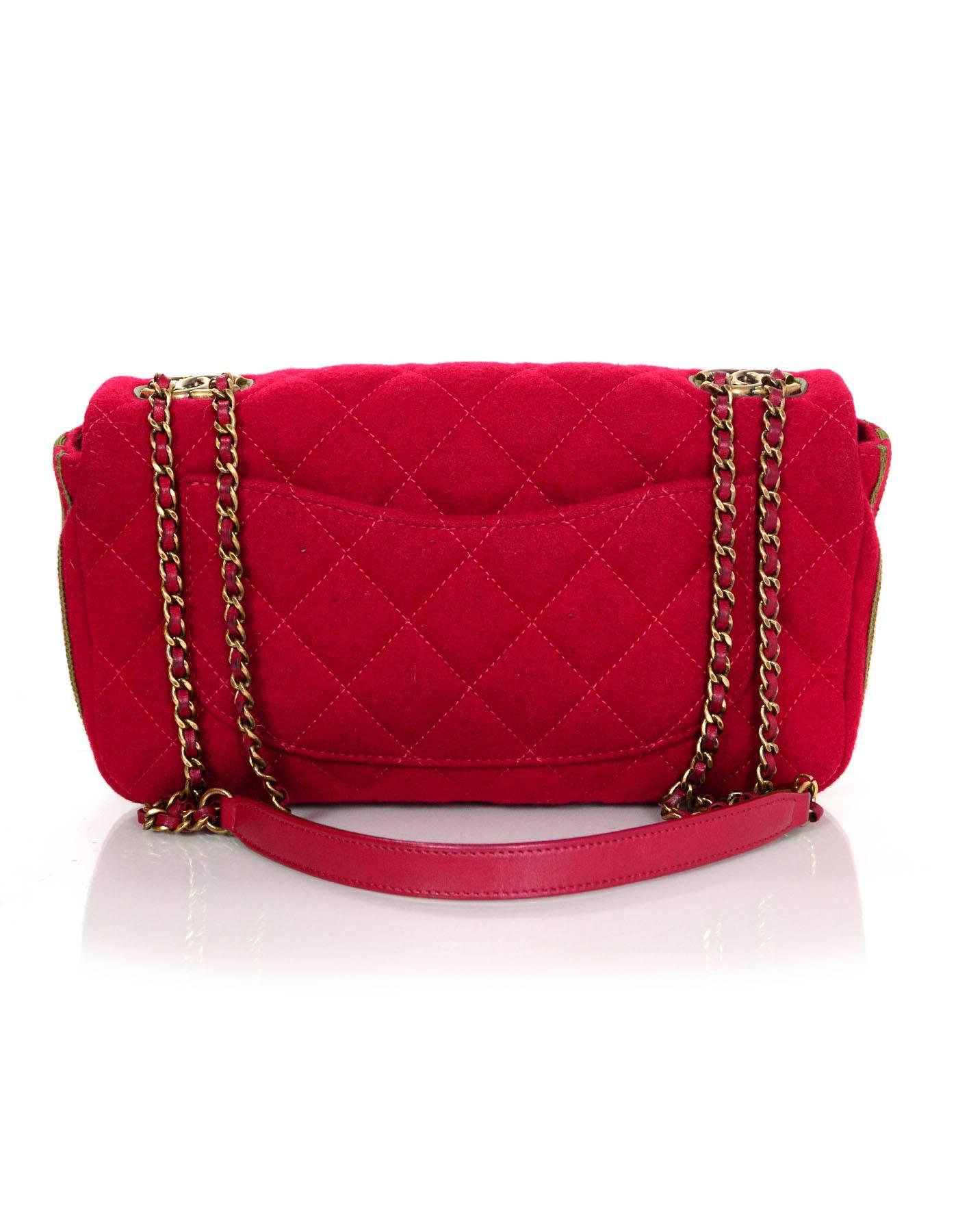 Chanel 2015 Red Wool & Grosgrain Flap Bag In Excellent Condition In New York, NY