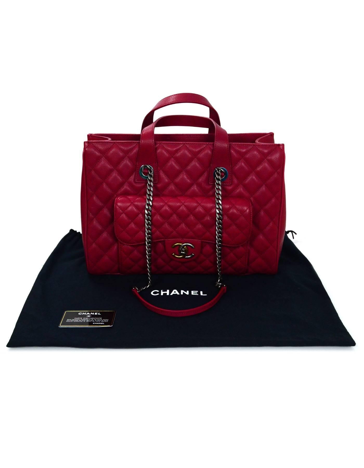 Chanel NEW 2016 Red Caviar Leather Tote Bag with Front Pocket 2