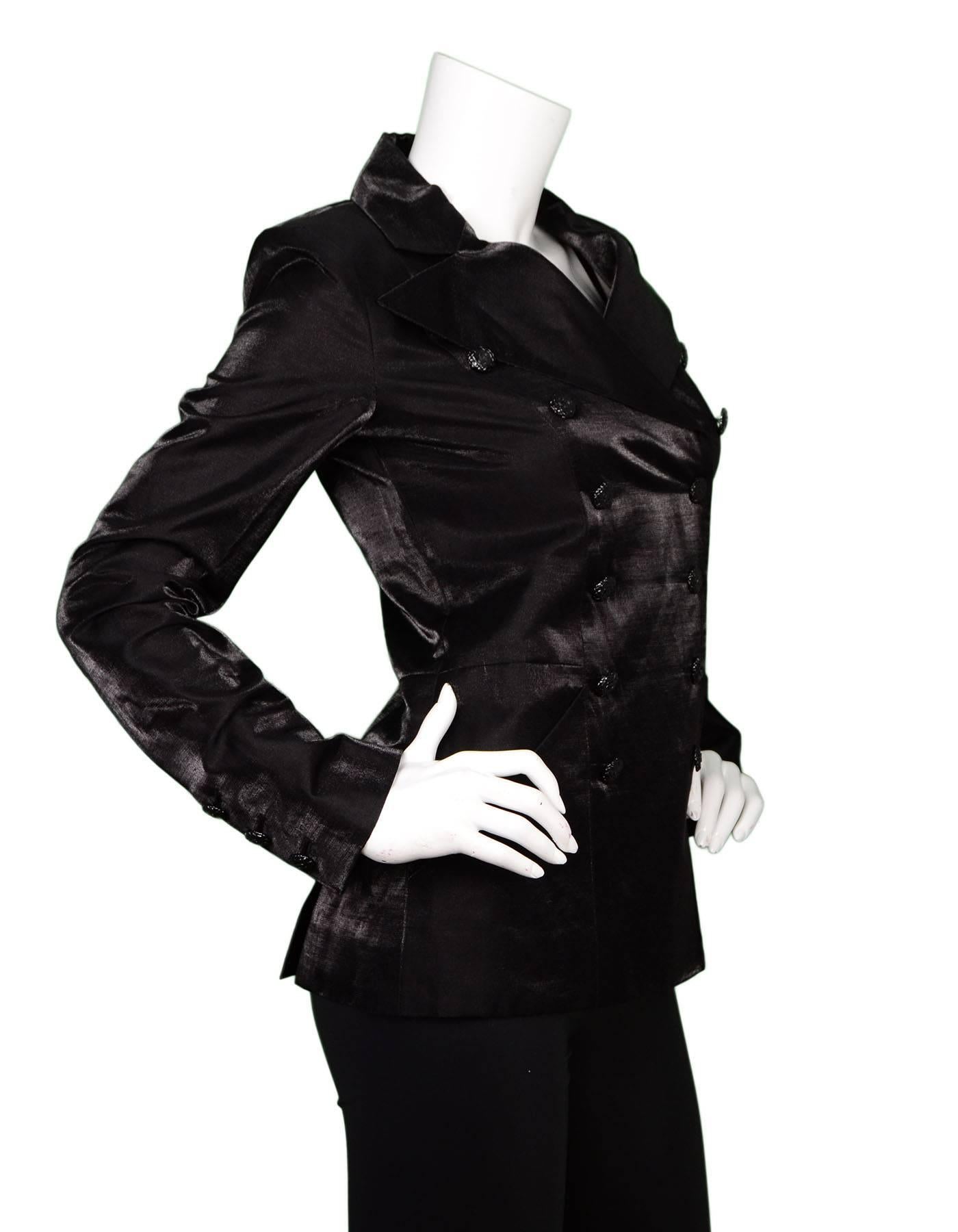 Chanel Black Iridescent Tuxedo Jacket Sz 34
Features peak lapels and double-breast closure

Made In: France
Year Of Production: 2009 Cruise
Color: Black
Composition: 85% Linen, 15% Nylon
Lining: Black100% Silk
Closure/Opening: Front