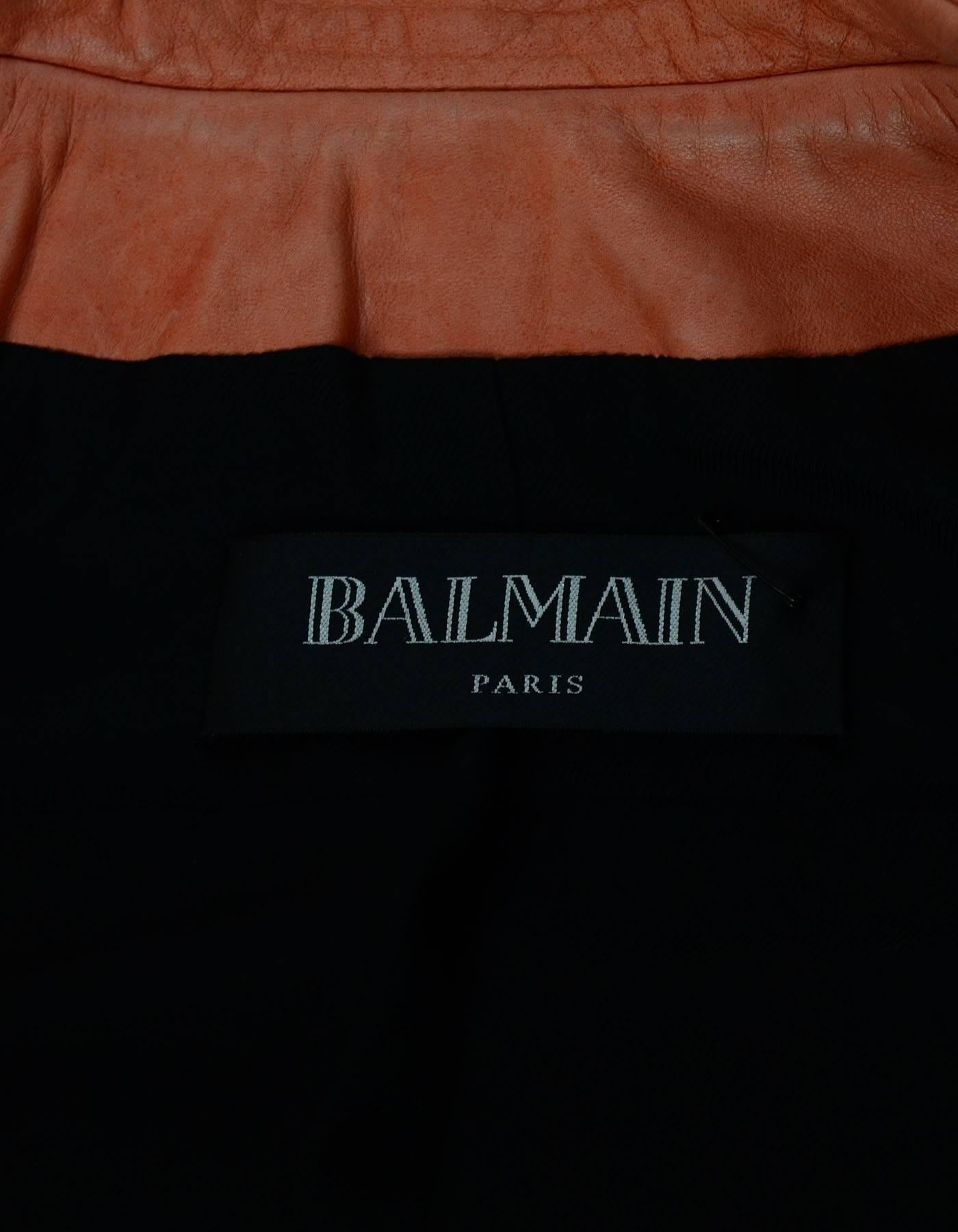 Balmain Salmon Padded Leather Moto Jacket sz FR36 In Excellent Condition In New York, NY