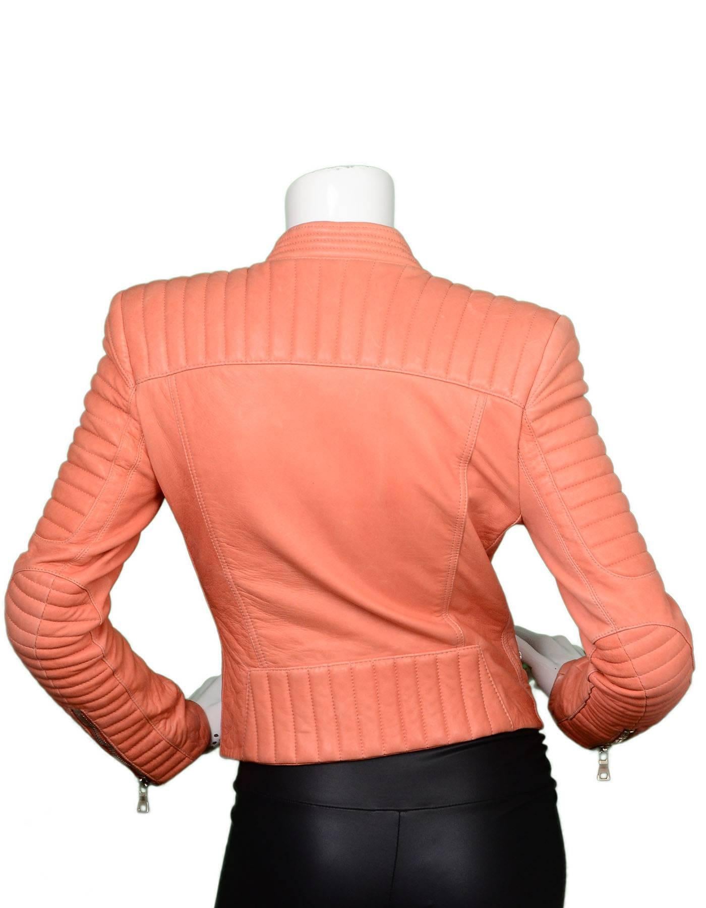 Orange Balmain Salmon Padded Leather Moto Jacket sz FR36
