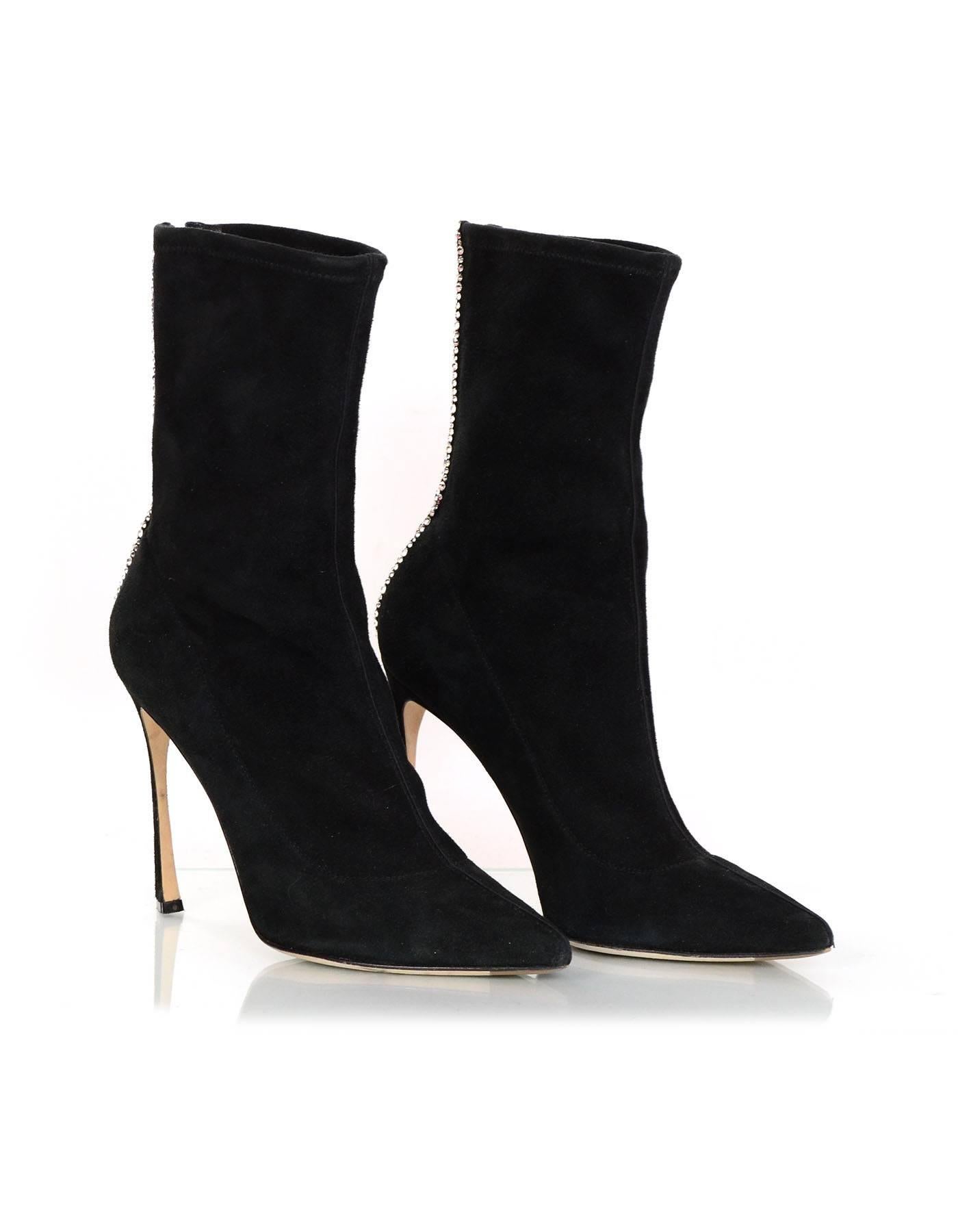 Women's Sergio Rossi Black Suede Point Toe Boots w/ Back Crystal Detail sz 38.5 rt $1460