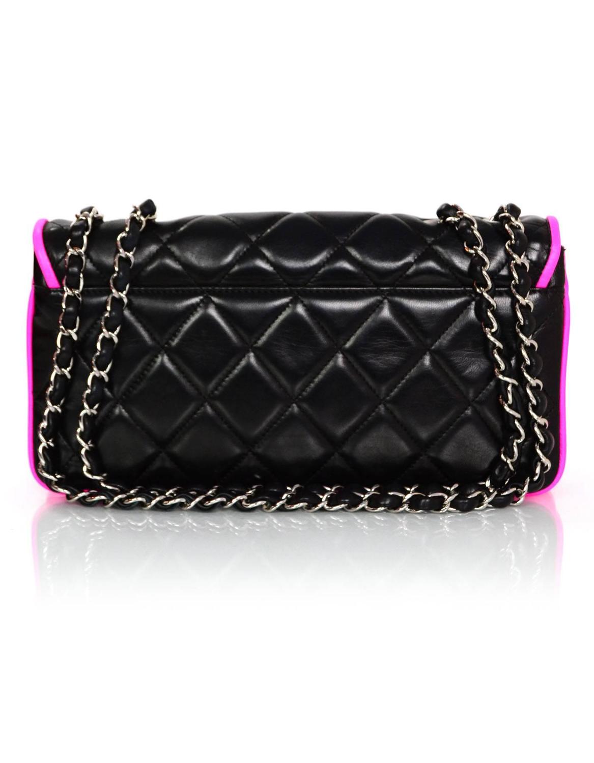 Chanel Black and Neon Pink Lambskin Leather Quilted CC Flap Bag For
