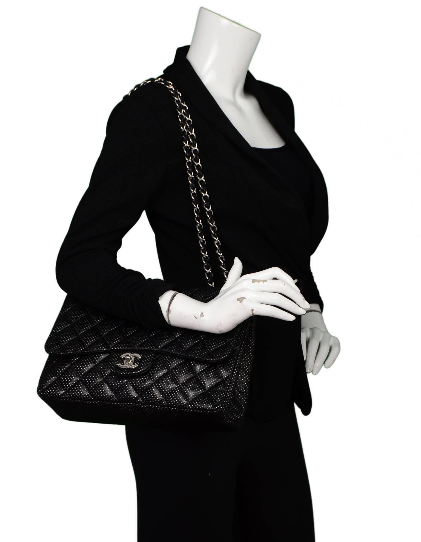 Chanel Black Perforated Jumbo Quilted Classic Flap Bag SHW 4