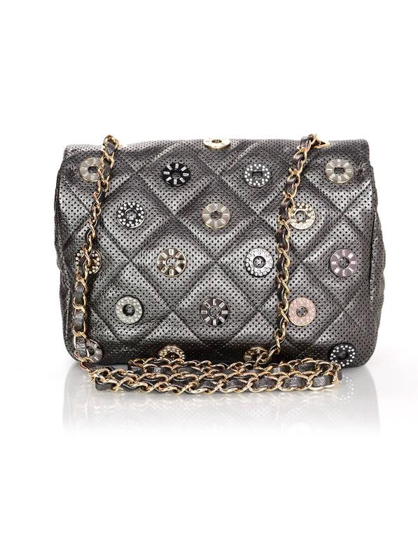 Chanel Pewter Perforated Leather CC Medals Flap Bag For Sale at 1stDibs