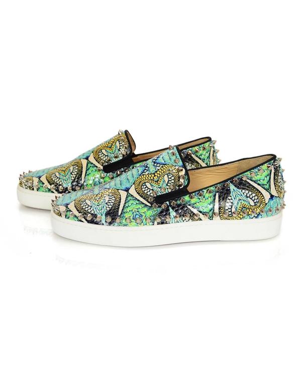 Christian Louboutin Blue and Green Printed Python Stud Sneakers Sz 38 ...