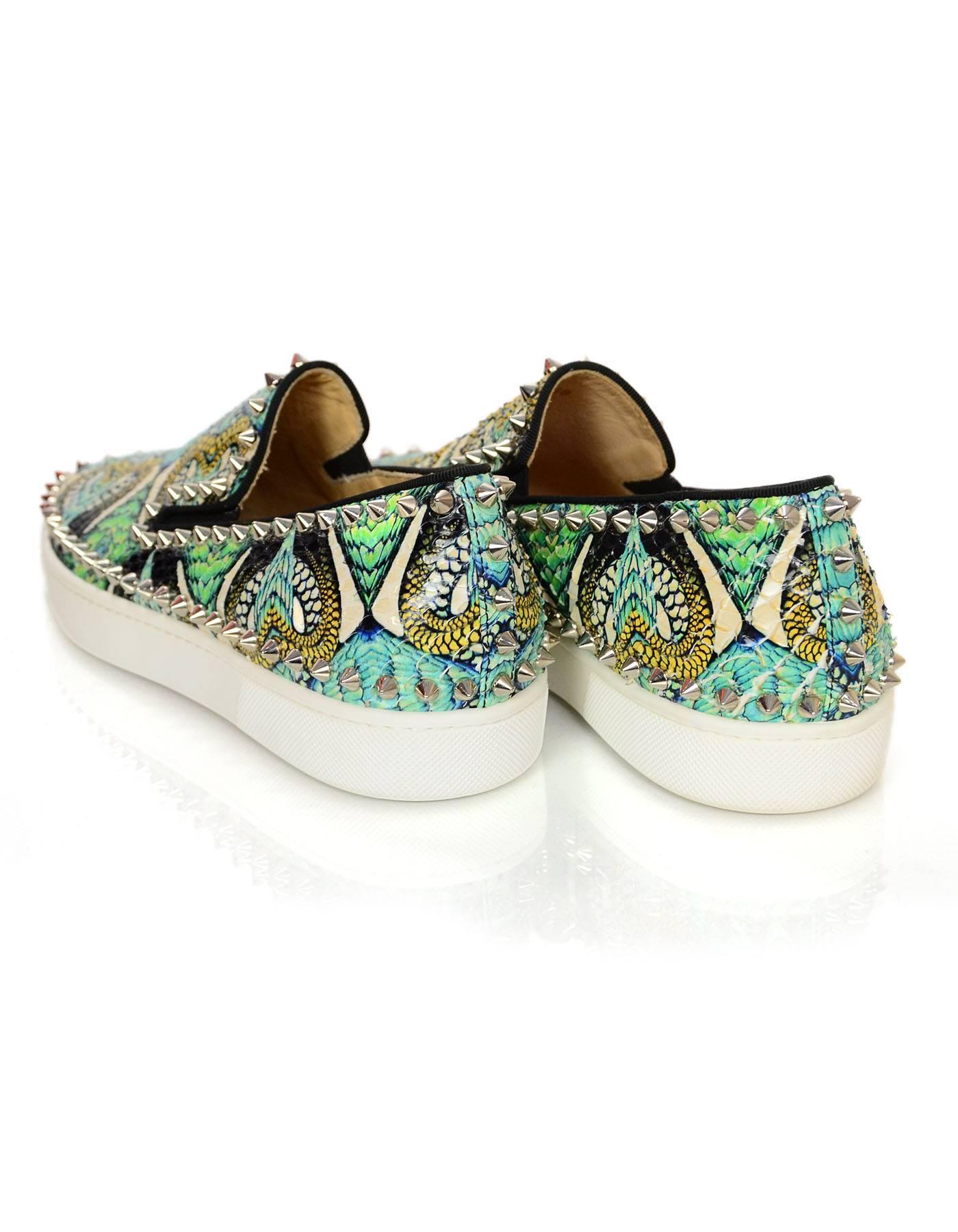 Women's Christian Louboutin Blue and Green Printed Python Stud Sneakers Sz 38