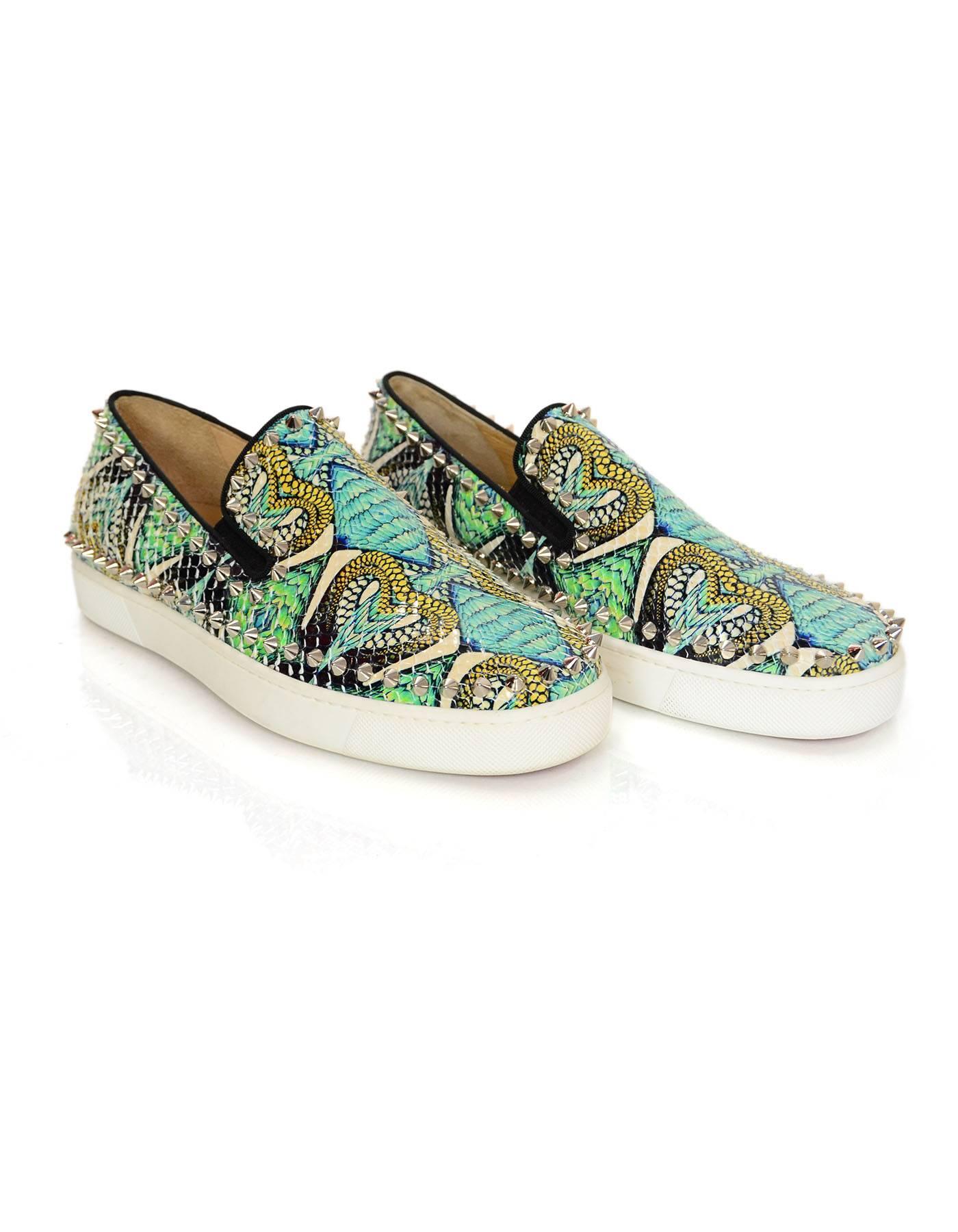 Christian Louboutin Blue and Green Printed Python Stud Sneakers Sz 38 In Excellent Condition In New York, NY
