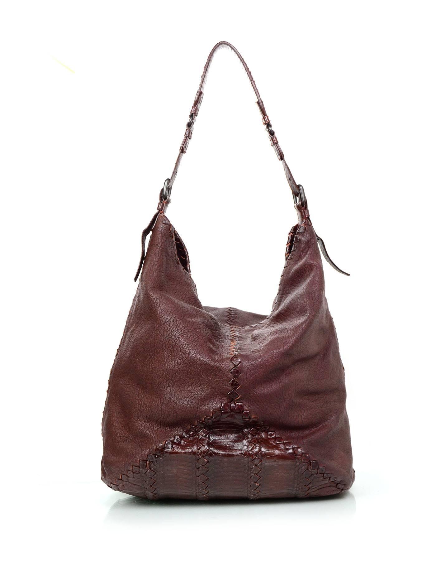 Bottega Veneta Brown Leather and Python Hobo Tote In Excellent Condition In New York, NY