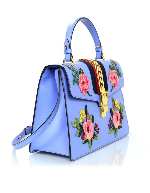 Gucci 2016 Blue Leather Floral Embroidered Sylvie Handle Bag For Sale at 1stdibs