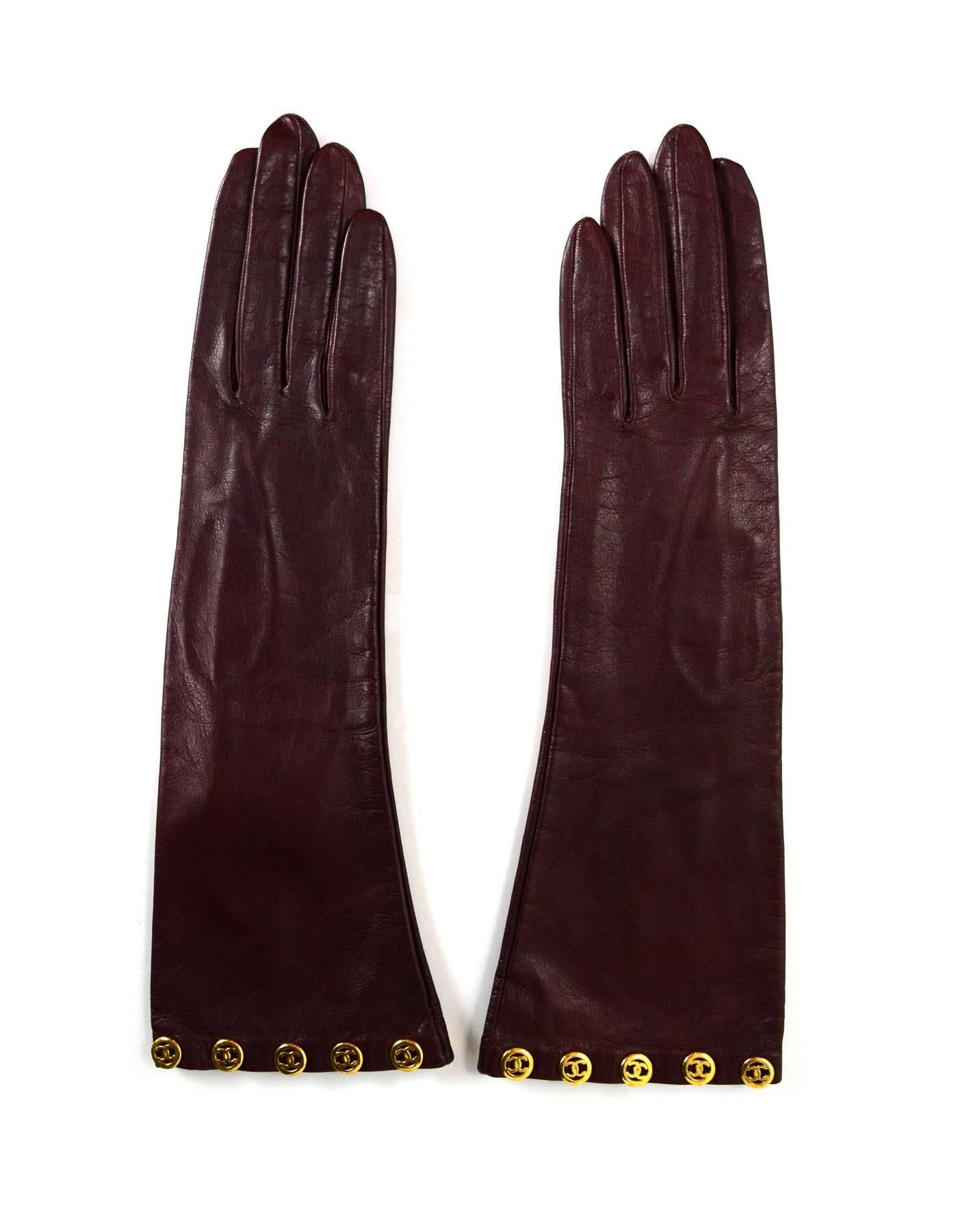Chanel Burgundy Leather Long Gloves Sz 7.5
Features gold metal CC's at trim

Made In: France
Color: Burgundy, gold
Composition: Leather, metal
Overall Condition: Excellent pre-owned condition with the exception of light wear