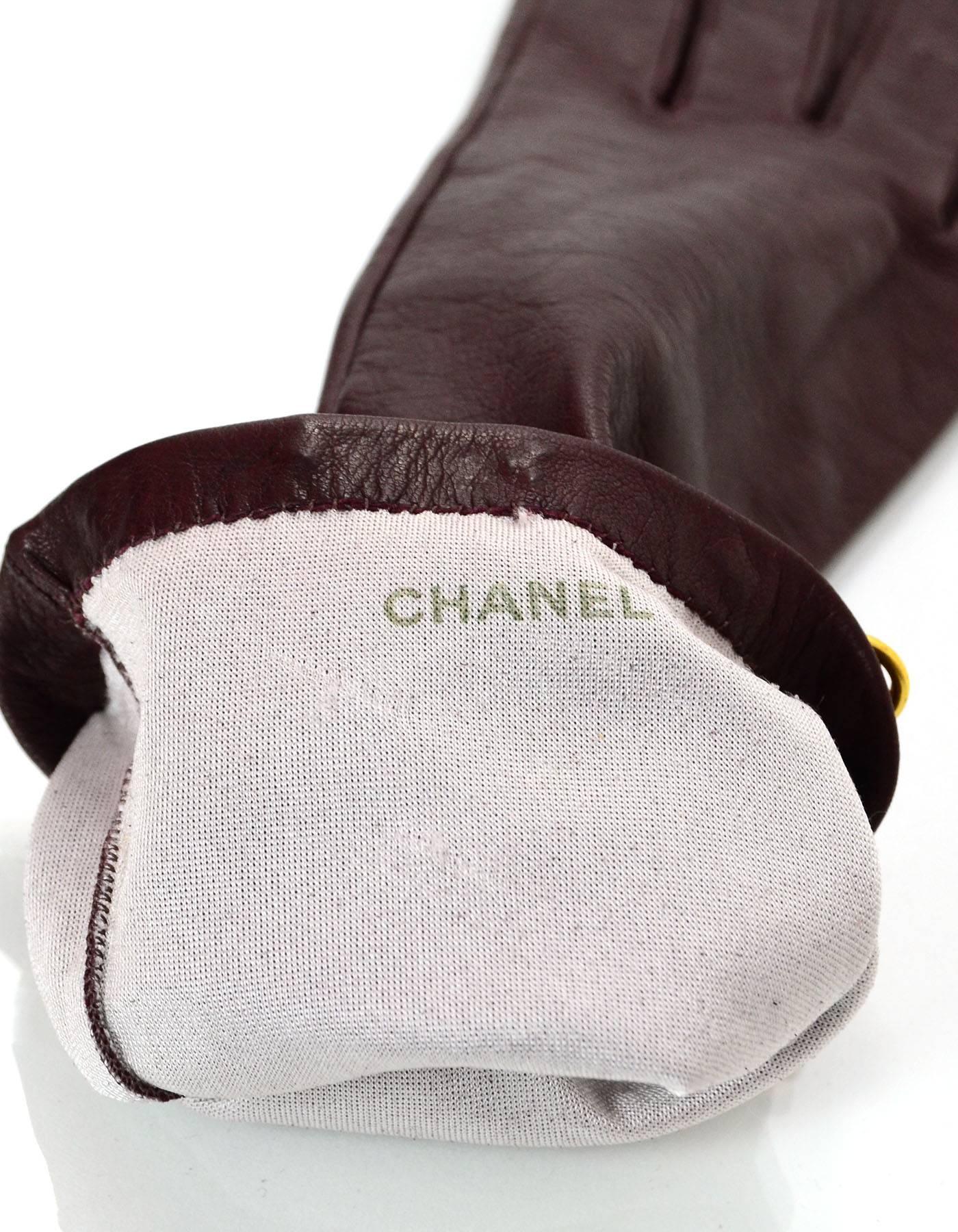 Black Chanel Burgundy Leather Long Gloves w/ CC Button Trim Sz 7.5