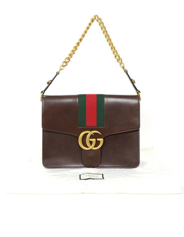 Gucci 2016 Brown Leather Marmont Shoulder Bag w/ Green and Red Stripe For Sale at 1stdibs